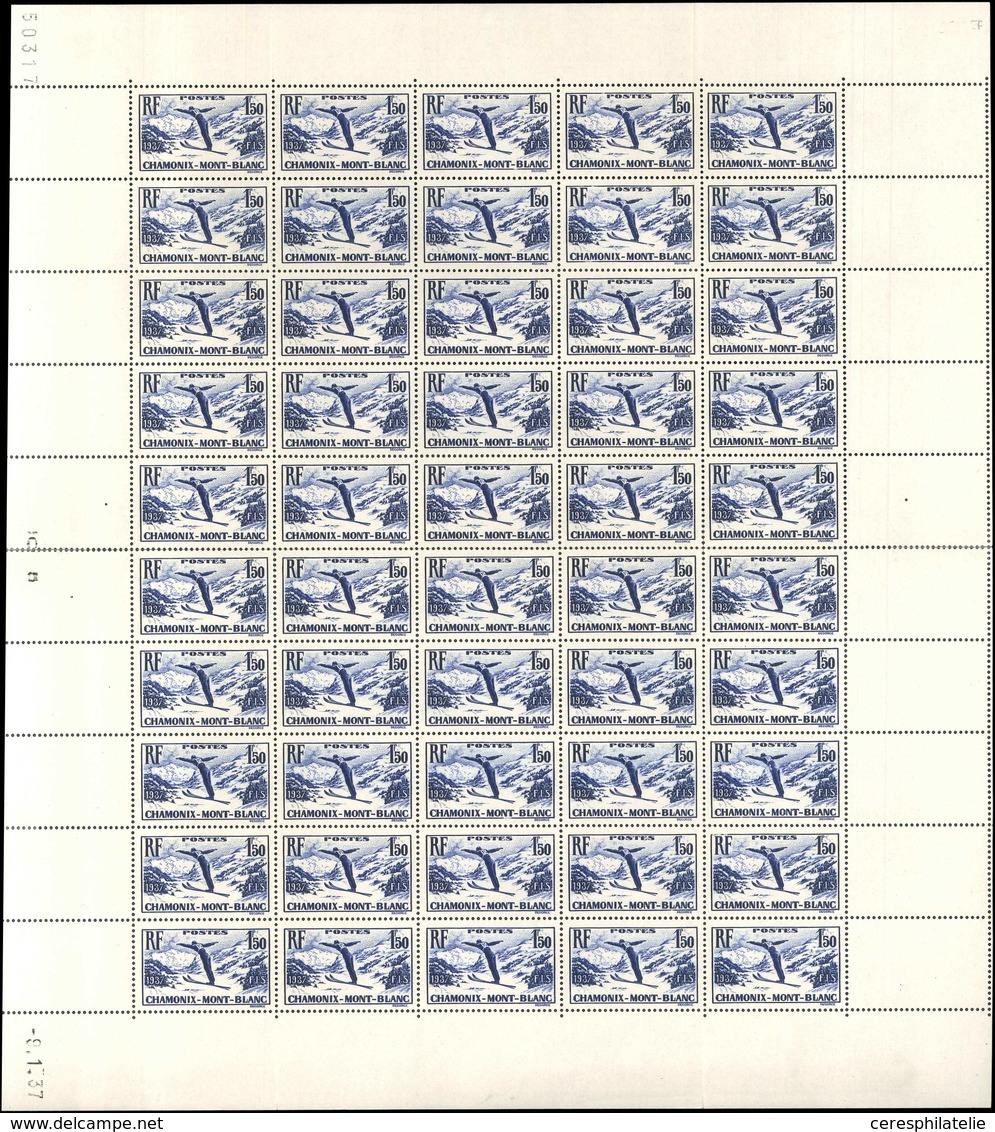 ** TIMBRES EN FEUILLES - 334   Chamonix, 1f.50 Bleu-violet, FEUILLE De 50 Pliée CD 9/1/37, Qqs Consolidation Sur Les Bor - Hojas Completas