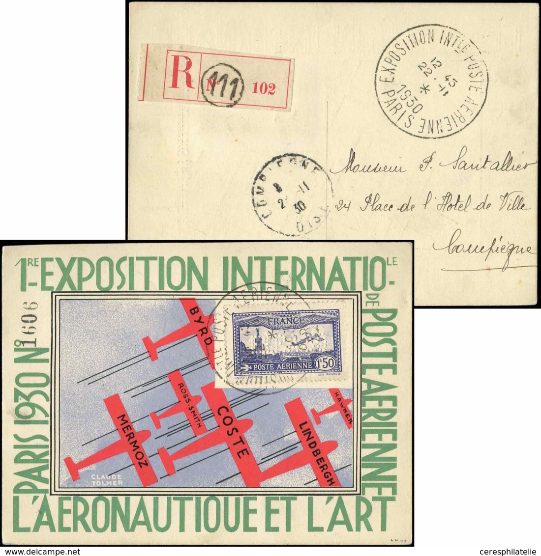 Let POSTE AERIENNE - 6c  1f.50 Outremer, E.I.P.A. 30, Obl. Càd 22/11/30 S. CP, Cachet Arrivée Compiègne, R Et TB - 1927-1959 Mint/hinged