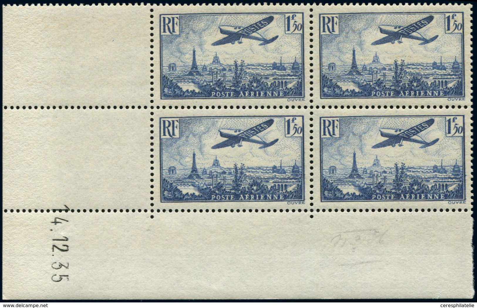 ** POSTE AERIENNE - 9   Vue De Paris, 1f.50 Bleu, BLOC De 4 CD 14/12/35, TB - 1927-1959 Mint/hinged