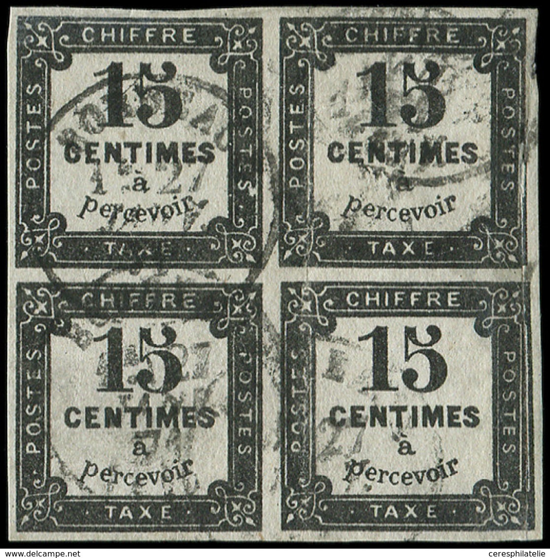 TAXE - 4   15c. Noir Litho, BLOC De 4 Obl., Petite Froiss. Verticale Mais RR Et Aspect TB, Cote Maury - 1859-1959 Used