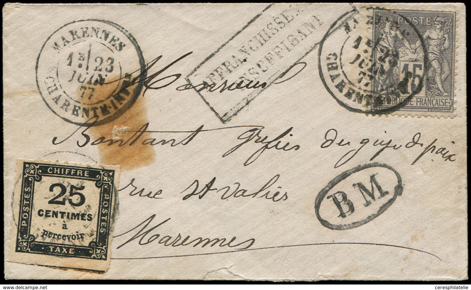 Let TAXE - 5   25c. Noir, T I, Obl. Càd T18 MARENNES 23/6/77 S. Env. Affr. N°77 15c. Gris, Cachet Afft Insuff. En Noir E - 1859-1959 Usados