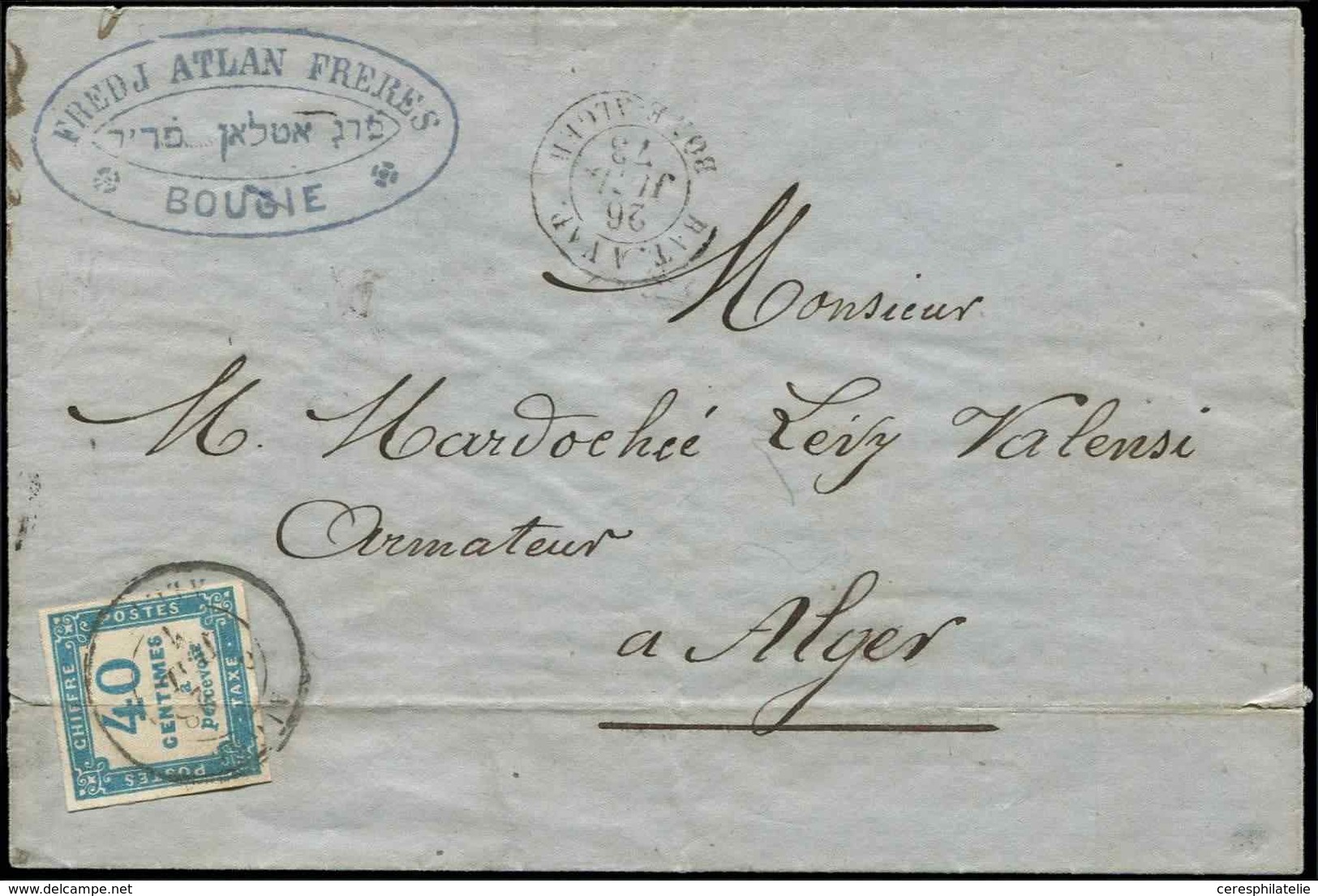 Let TAXE - 7   40c. Bleu, Pli D'archive, Obl. Càd ALGER 28/7/73 S. LSC De BOUGIE, Càd BAT. A VAP BONE ALGER 26/7, R Et T - 1859-1959 Used