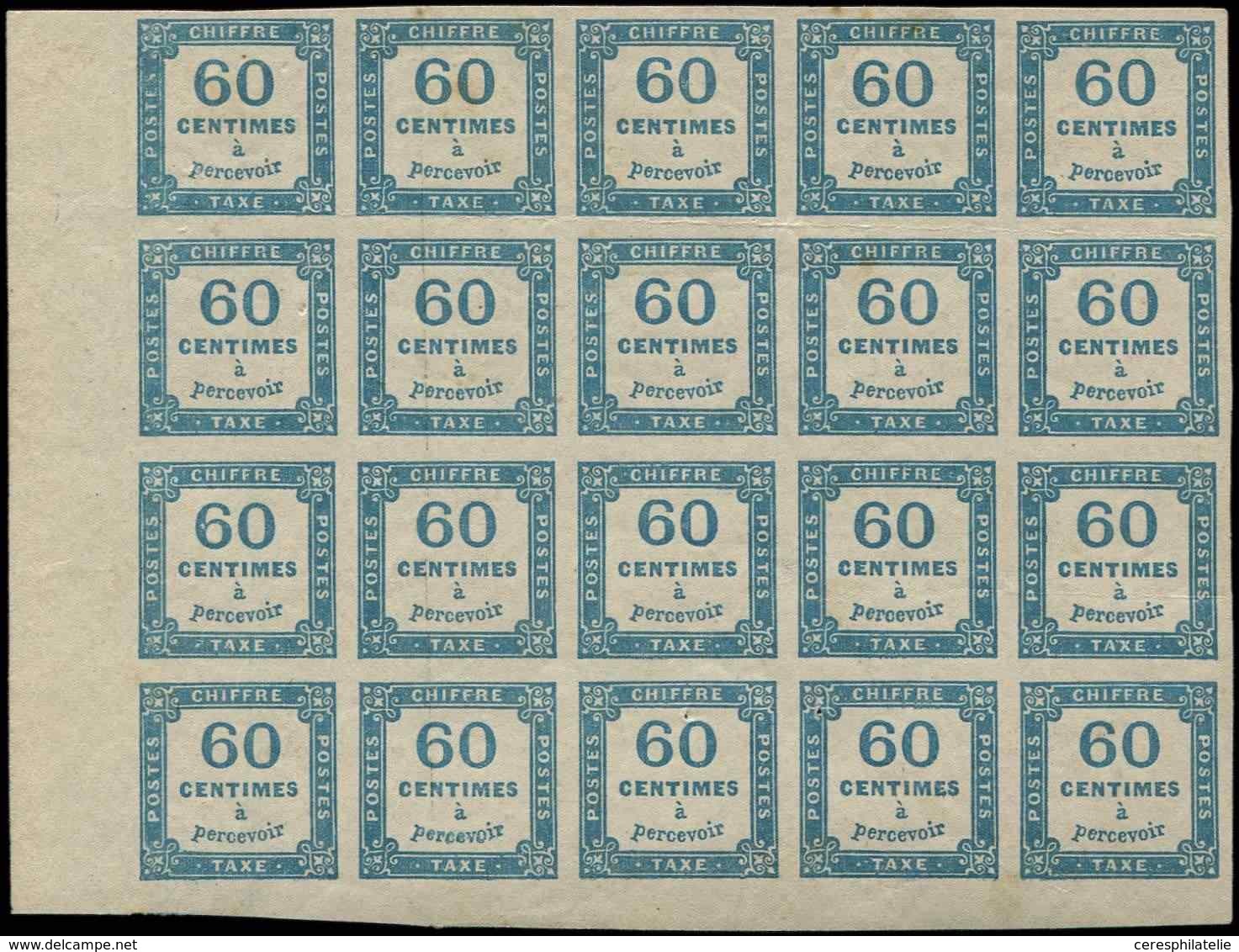 ** TAXE - 9   60c. Bleu, BLOC De 20 Cdf, 5 Ex. * Et 3-4 Pts De Rouss., Néanmoins Très Frais Et TTB - 1859-1959 Usados