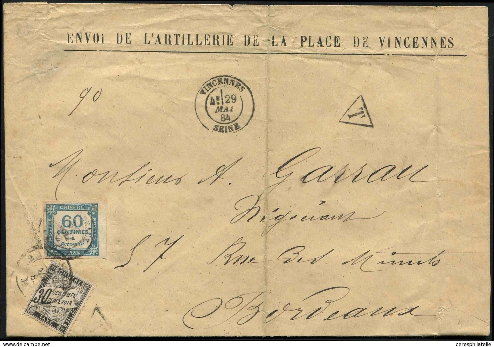 Let TAXE - 9 Et 18, 60c. Bleu Et 30c. Noir Obl. Càd BORDEAUX 30/5 S. Envoi De L'Artillerie De La Place De Vincennes, Càd - 1859-1959 Usados