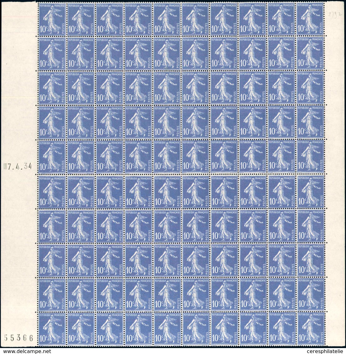 ** ROULETTES - 31  Semeuse Camée, 10c. Outremer, T IV, FEUILLE De 100 Avec Bords, Date 7/4/34 Et N°55366 à Gauche, RR Et - Coil Stamps