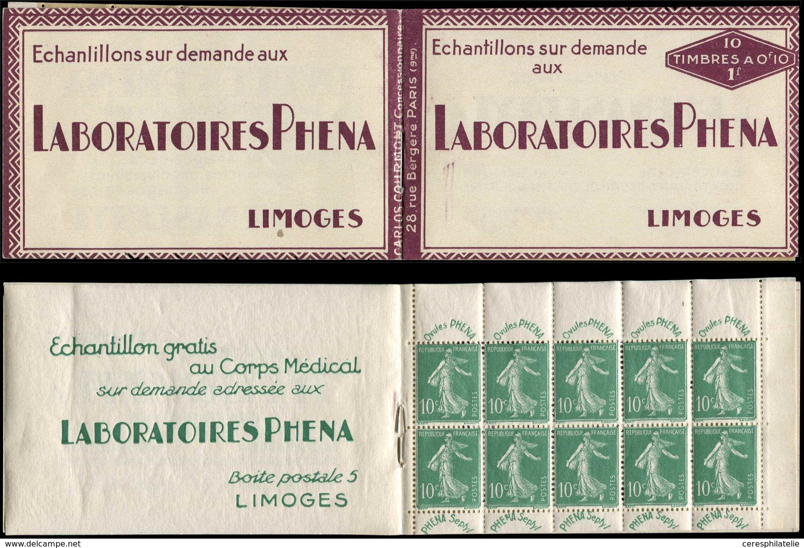 CARNETS (N°Cérès Jusqu'en1964) - 6    Semeuse Chiffres Maigres, 10c. Vert, N°188, PHENA TB - Other & Unclassified