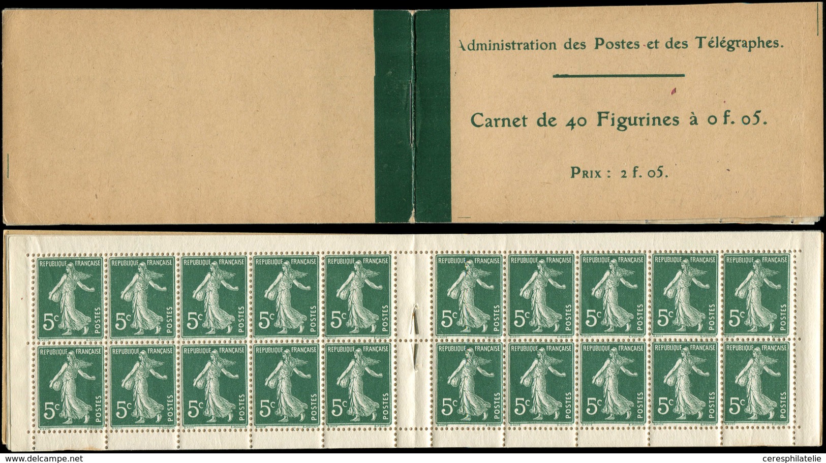 CARNETS (N°Cérès Jusqu'en1964) - 7    Semeuse Camée,  5c. Vert, N°137, T I, Carnet De 40, TB - Otros & Sin Clasificación