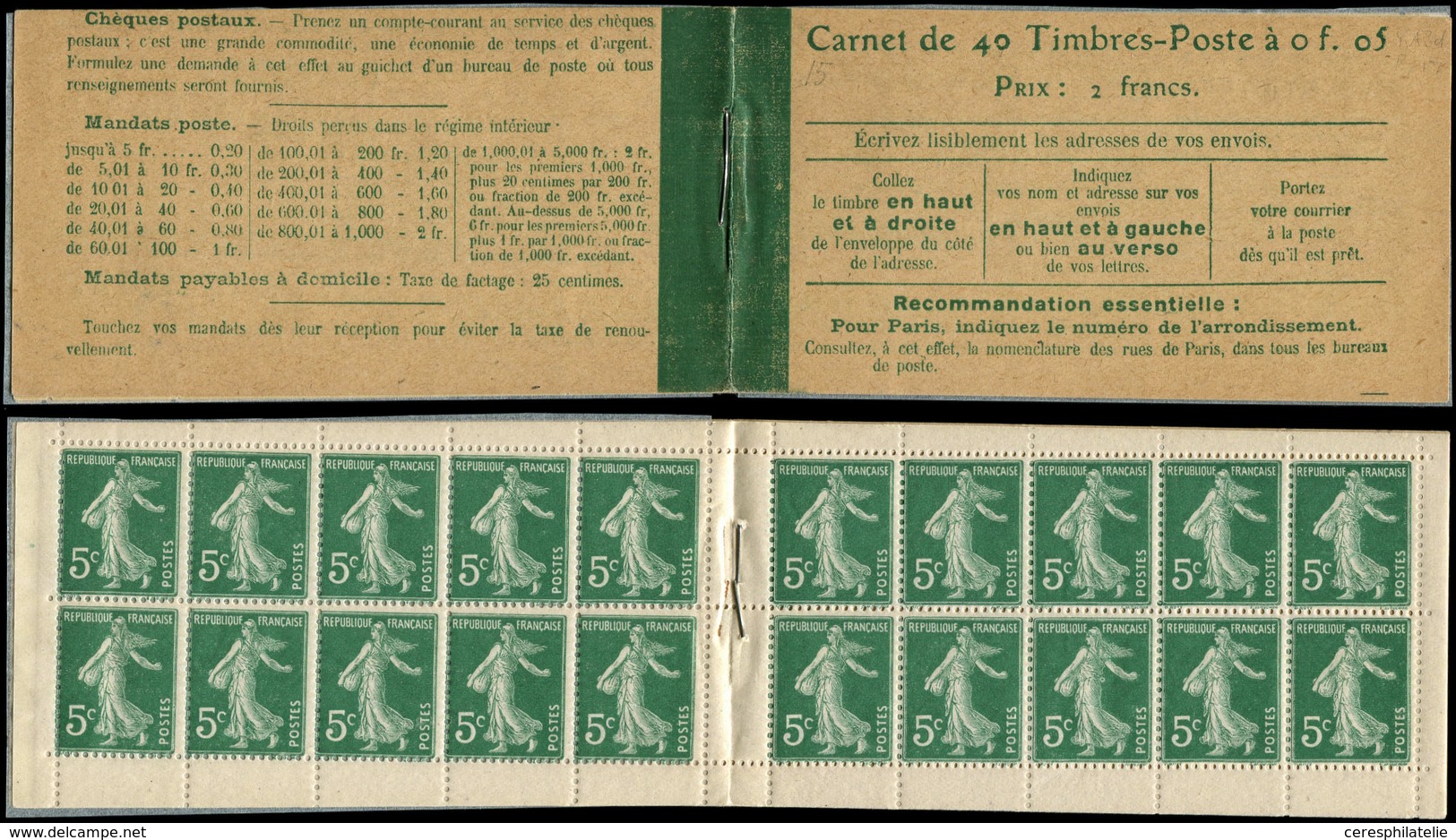 CARNETS (N°Cérès Jusqu'en1964) - 12   Semeuse Camée,  5c. Vert, N°137A, T II, Couv. Postale, Textes Sur Les 4 Pages, Tax - Other & Unclassified