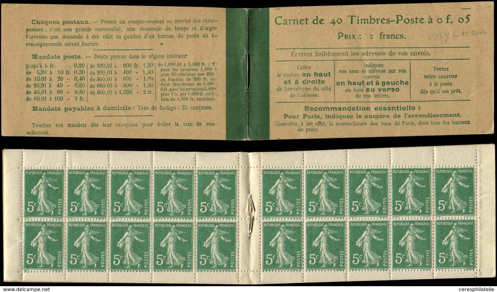 CARNETS (N°Cérès Jusqu'en1964) - 15   Semeuse Camée,  5c. Vert, N°137A, T II, Loi Du 29/3/20, TB - Otros & Sin Clasificación