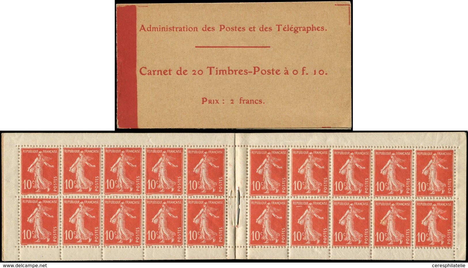 CARNETS (N°Cérès Jusqu'en1964) - 20   Semeuse Camée, 10c. Rouge, N°138A, T IC, Couv. Postale, Prix : 2 Francs, TB - Otros & Sin Clasificación