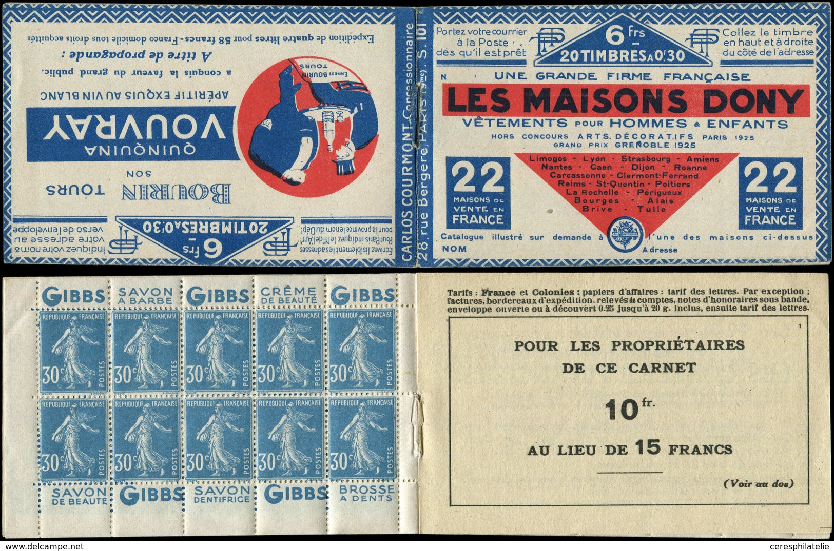 CARNETS (N°Cérès Jusqu'en1964) - 53   Semeuse Camée, 30c. Bleu, N°192A, T IIB, S. 101-N, MAISONS DONY, TTB - Otros & Sin Clasificación