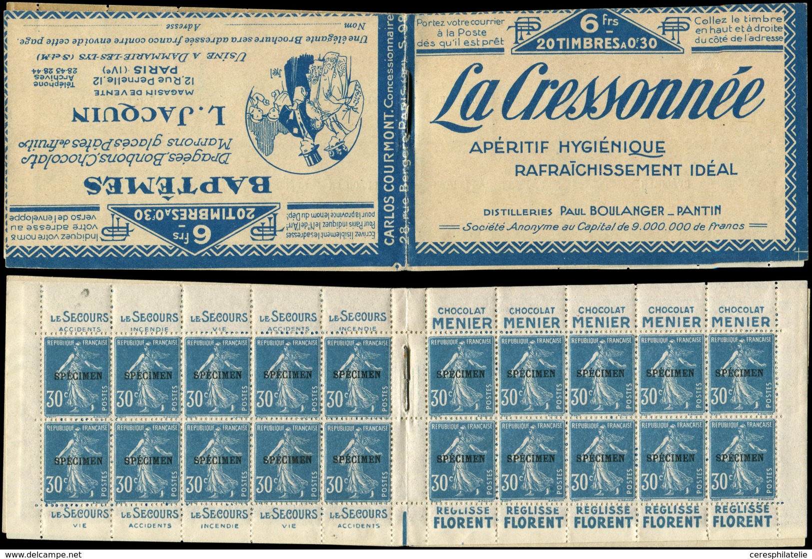 CARNETS (N°Cérès Jusqu'en1964) - 57   Semeuse Camée, 30c. Bleu, N°192A, T IIB, S. 98, LA CRESSONNEE/L. JACQUIN, Surch. S - Otros & Sin Clasificación