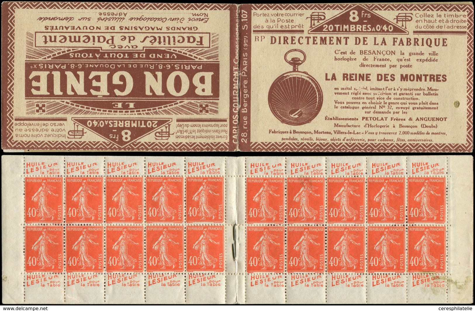 CARNETS (N°Cérès Jusqu'en1964) - 65   Semeuse Camée, 40c. Vermillon, N°194A, T I, S. 107-RP, REINE DES MONTRES/BON GENIE - Otros & Sin Clasificación