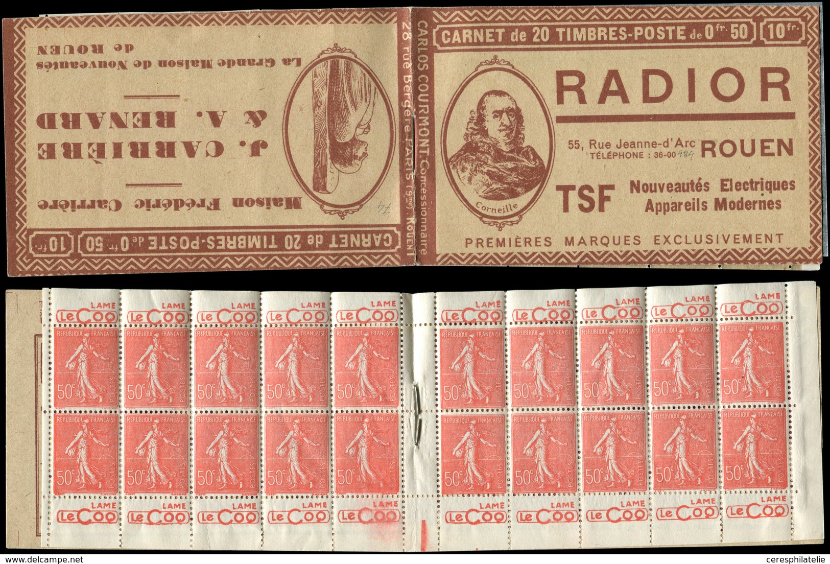 CARNETS (N°Cérès Jusqu'en1964) - 74   Semeuse Lignée, 50c. Rouge, N°199A, T I, S. Rouen I, CARRIERE/RADIOR, Panneau De G - Other & Unclassified