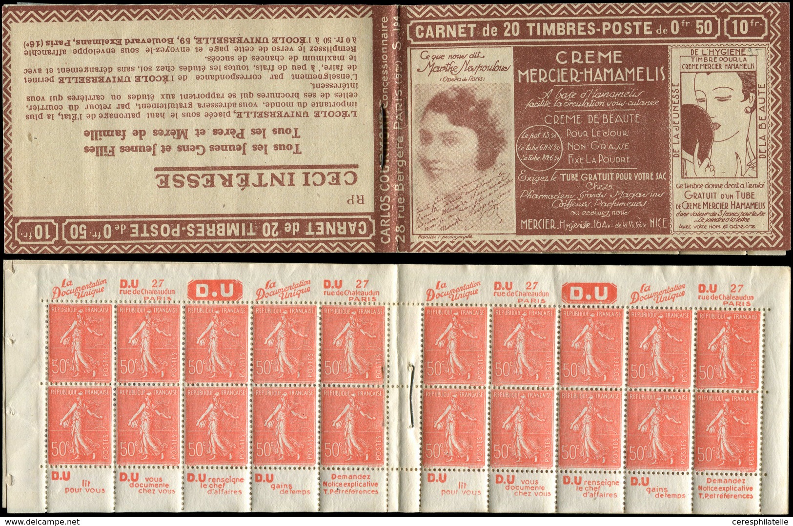 CARNETS (N°Cérès Jusqu'en1964) - 95   Semeuse Lignée, 50c. Rouge, N°199B, T IIB, S. 194, MERCIER HAMAMELIS, Haut De Feui - Otros & Sin Clasificación