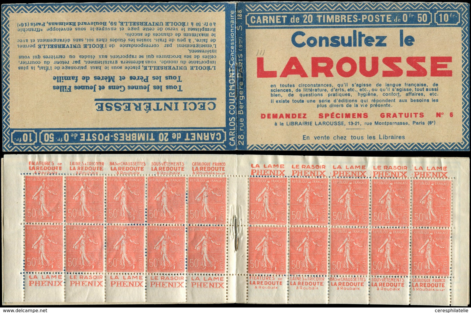 CARNETS (N°Cérès Jusqu'en1964) - 111  Semeuse Lignée, 50c. Rouge, N°199B, T IIB, S. 188, LAROUSSE, Haut De Feuille, TTB - Otros & Sin Clasificación