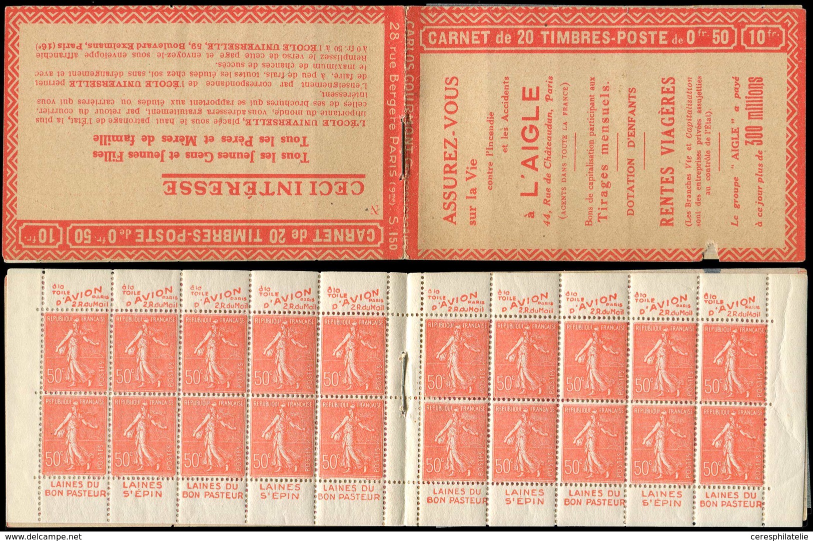 CARNETS (N°Cérès Jusqu'en1964) - 114  Semeuse Lignée, 50c. Rouge, N°199B, T IIB, S. 150-N, L'AIGLE Avec Déf., Sinon TB - Other & Unclassified