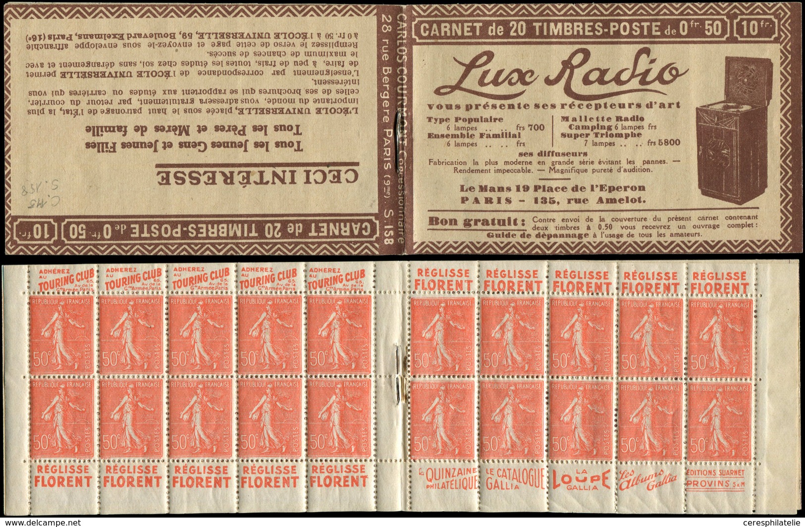 CARNETS (N°Cérès Jusqu'en1964) - 115  Semeuse Lignée, 50c. Rouge, N°199B, T IIB, S. 158, LUX RADIO, Amorce De Découpe Su - Otros & Sin Clasificación