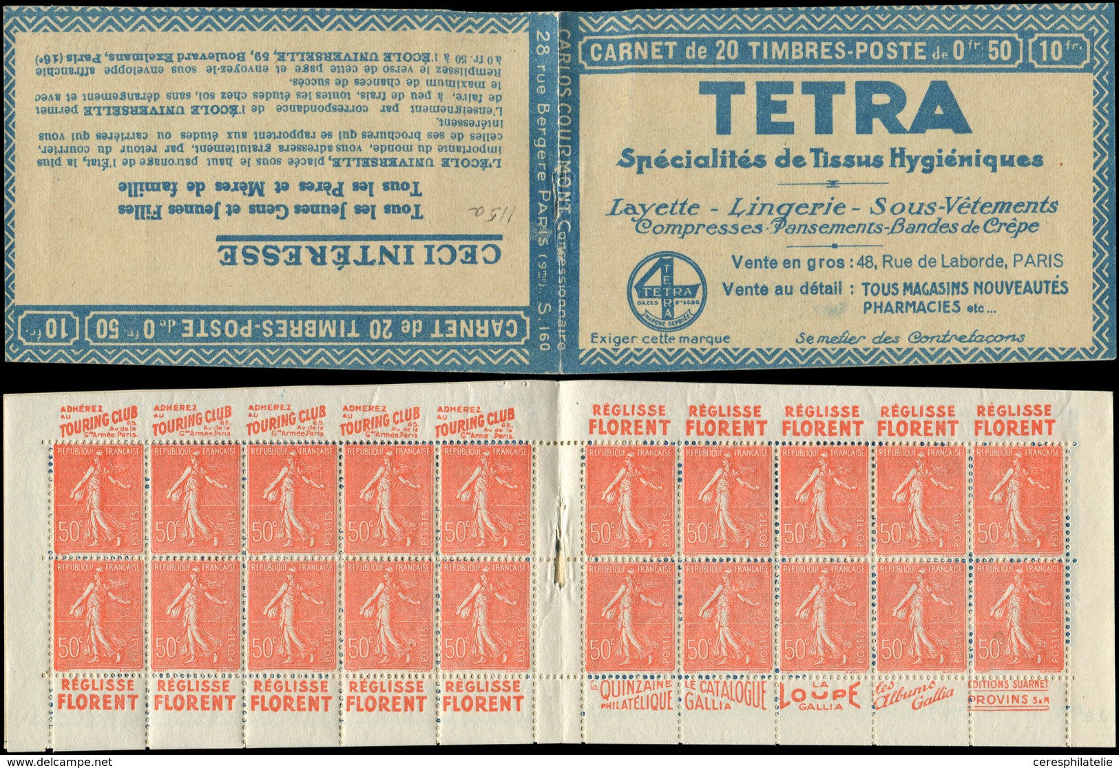 CARNETS (N°Cérès Jusqu'en1964) - 115a Semeuse Lignée, 50c. Rouge, N°199B, T IIB, S. 160, TETRA, Haut De Feuille S.a., Ca - Other & Unclassified