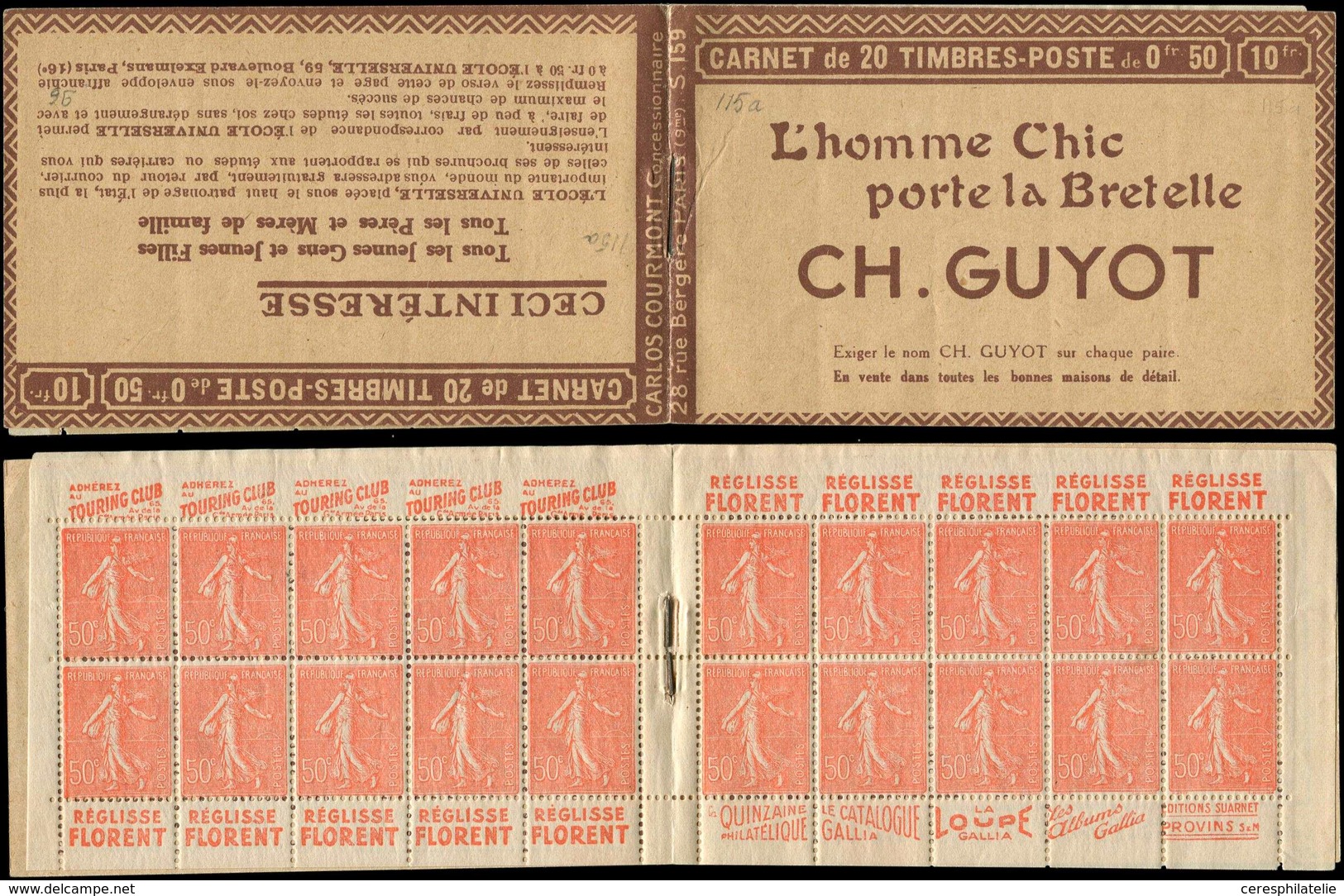 CARNETS (N°Cérès Jusqu'en1964) - 115a Semeuse Lignée, 50c. Rouge, N°199B, T IIB, S. 159, CH. GUYOT, Haut De Feuille, 2 E - Otros & Sin Clasificación