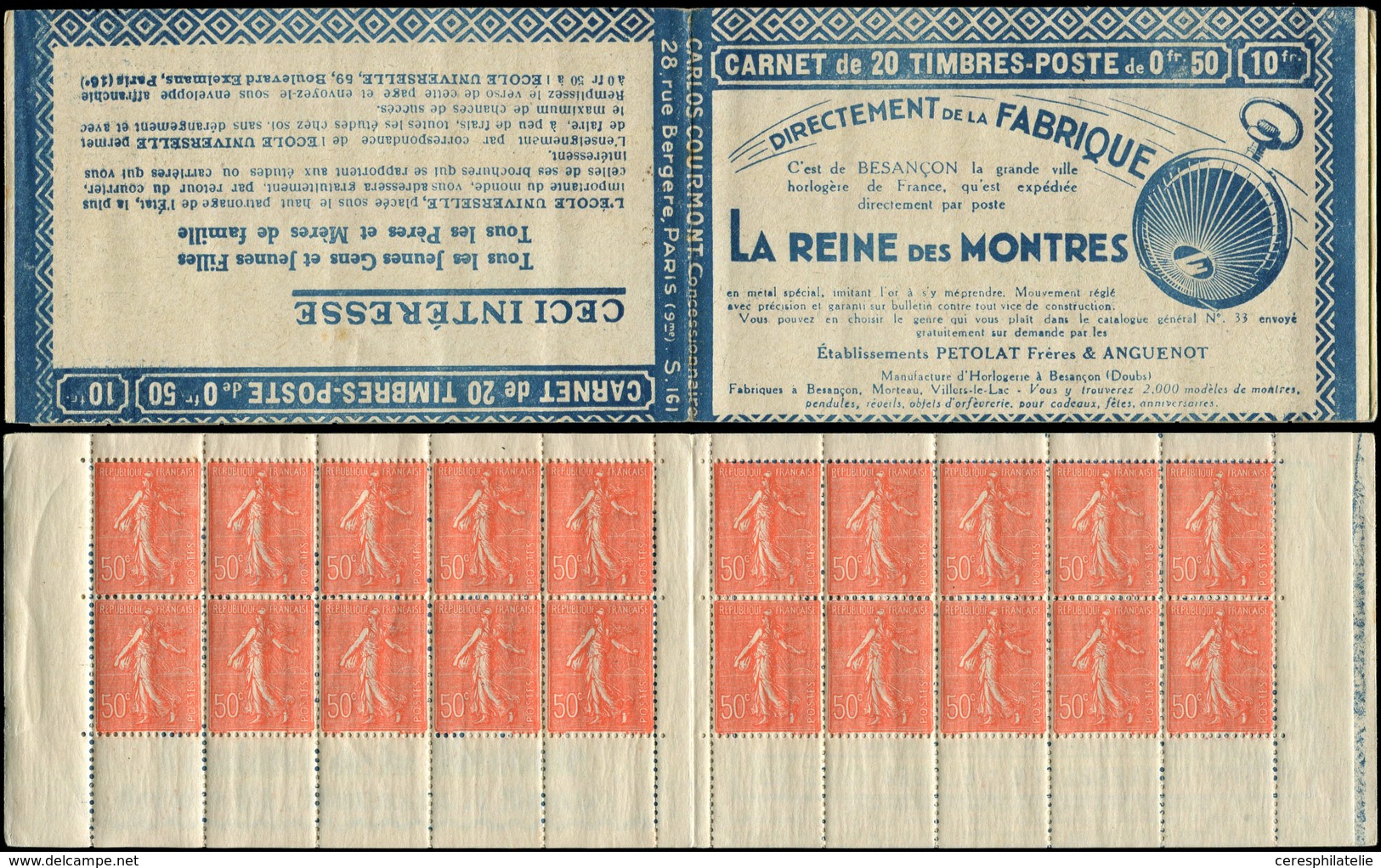 CARNETS (N°Cérès Jusqu'en1964) - 125  Semeuse Lignée, 50c. Rouge, N°199D, T IV, S. 161, REINE Des MONTRES, TB - Otros & Sin Clasificación