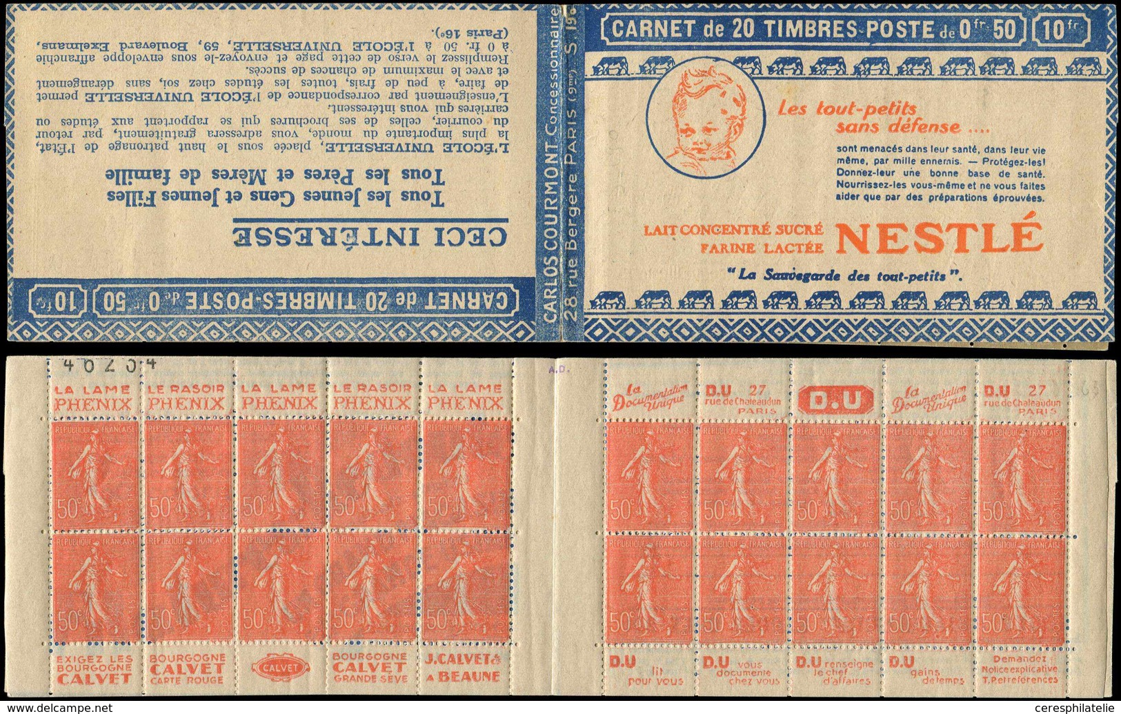 CARNETS (N°Cérès Jusqu'en1964) - 131  Semeuse Lignée, 50c. Rouge, N°199D, T IV, S. 190, NESTLE, Qqs Décalques Sur La Gom - Otros & Sin Clasificación