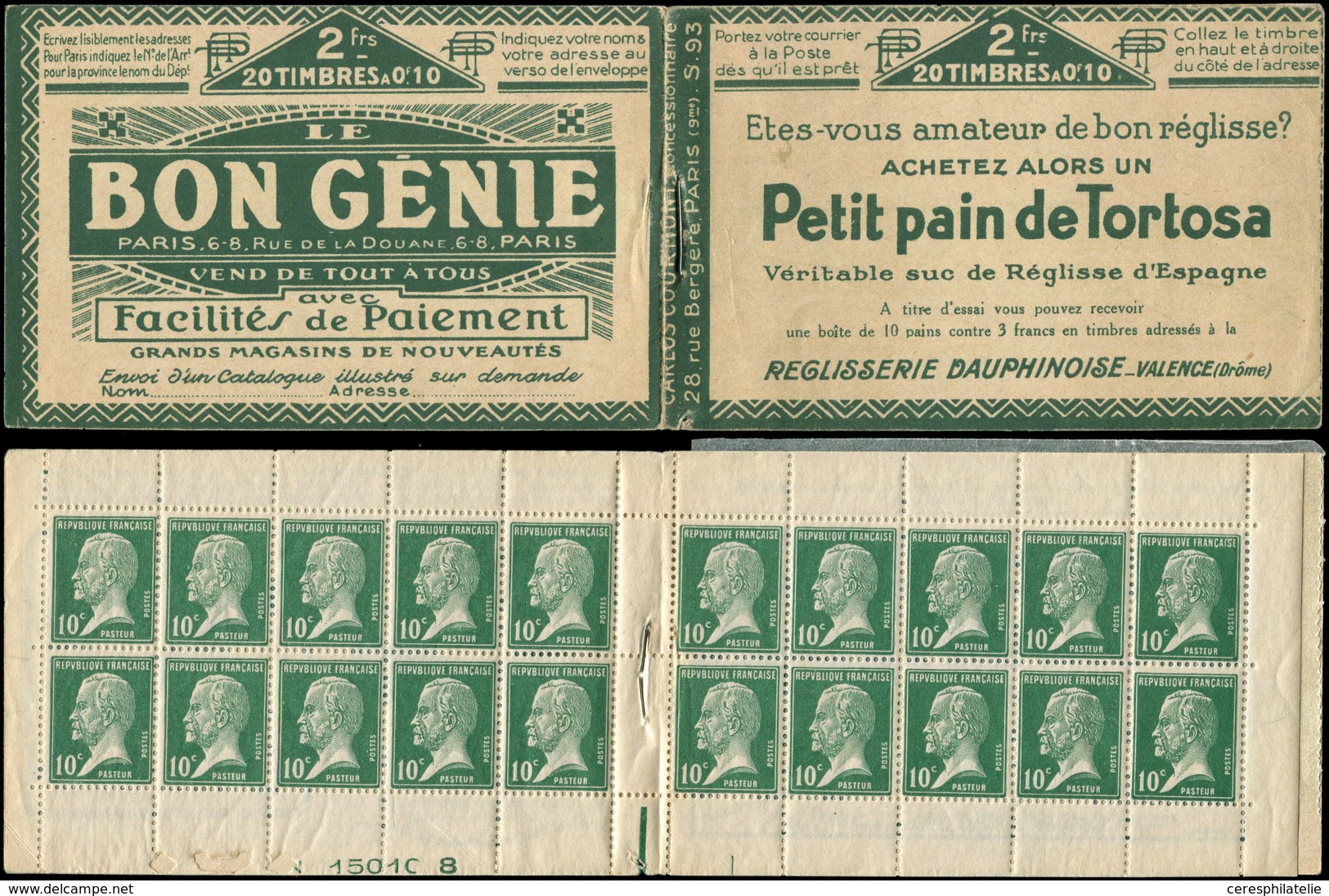 CARNETS (N°Cérès Jusqu'en1964) - 138  Pasteur, 10c. Vert, N°170, S. 93, TORTOSA-BON GENIE, Bas De Feuille N-1501C 8, TB - Otros & Sin Clasificación