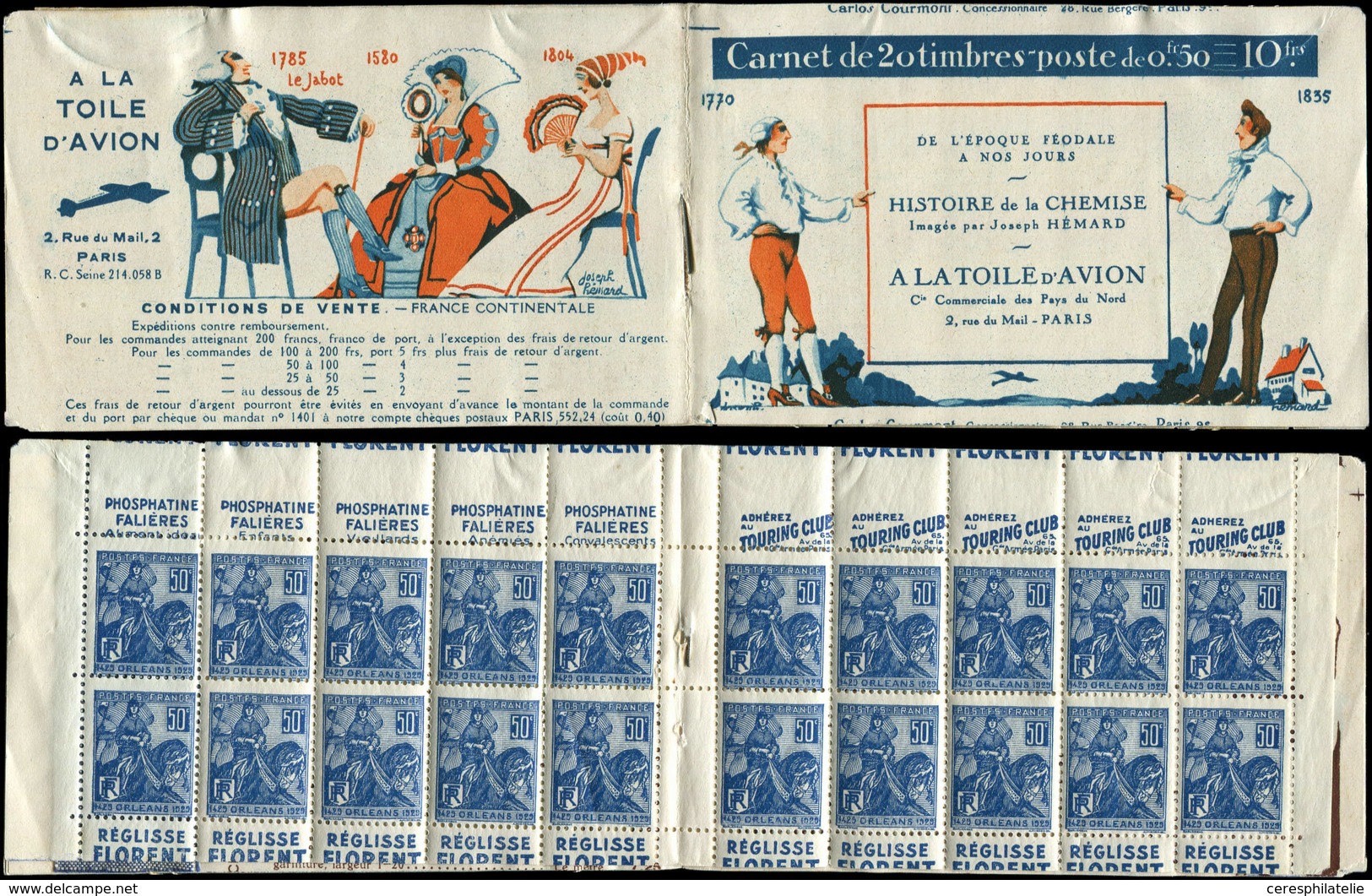 CARNETS (N°Cérès Jusqu'en1964) - 148  Jeanne D'Arc, 50c. Bleu, N°257, T I, S. Histoire De La Chemise, A LA TOILE D'AVION - Otros & Sin Clasificación