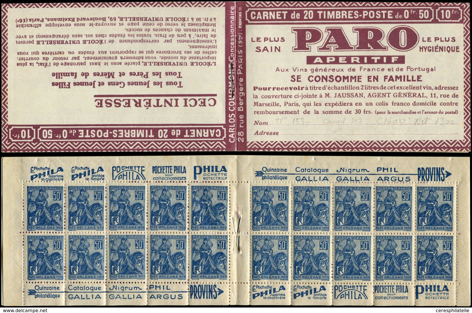 CARNETS (N°Cérès Jusqu'en1964) - 153  Jeanne D'Arc, 50c. Bleu, N°257, T I, S. Provins II, PARO, Haut De Feuille, TTB - Otros & Sin Clasificación