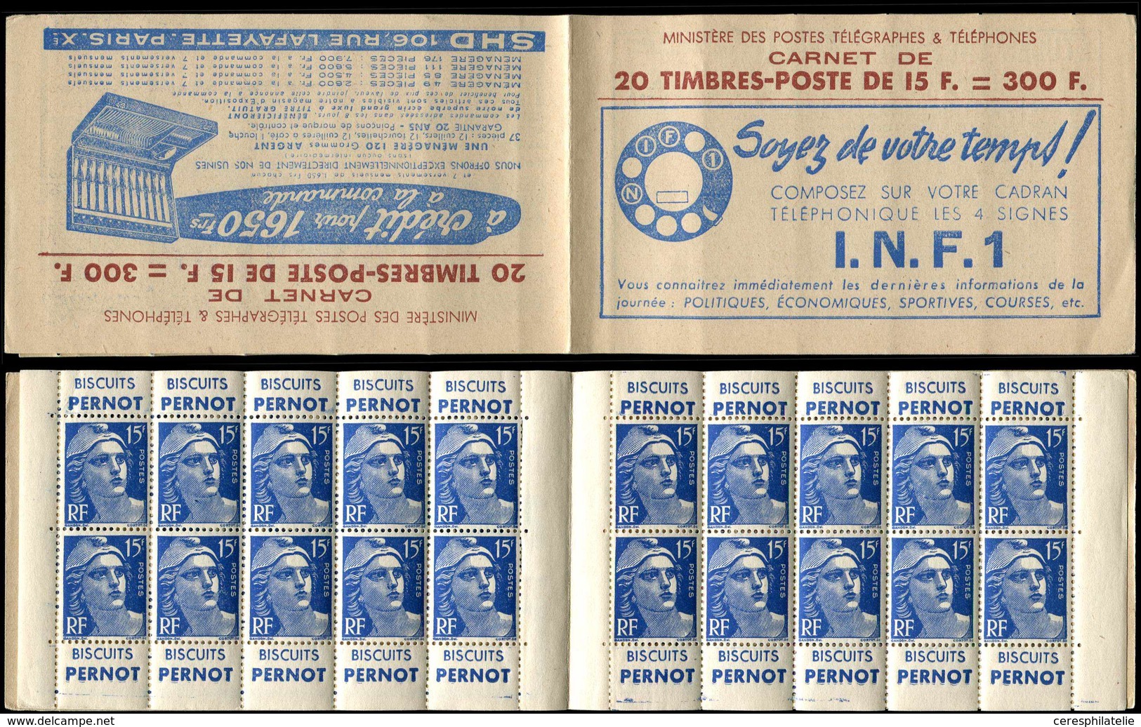 CARNETS (N°Cérès Jusqu'en1964) - 259  Gandon, 15f. Bleu, N°886A, T II, I.N.F.1, TB - Otros & Sin Clasificación