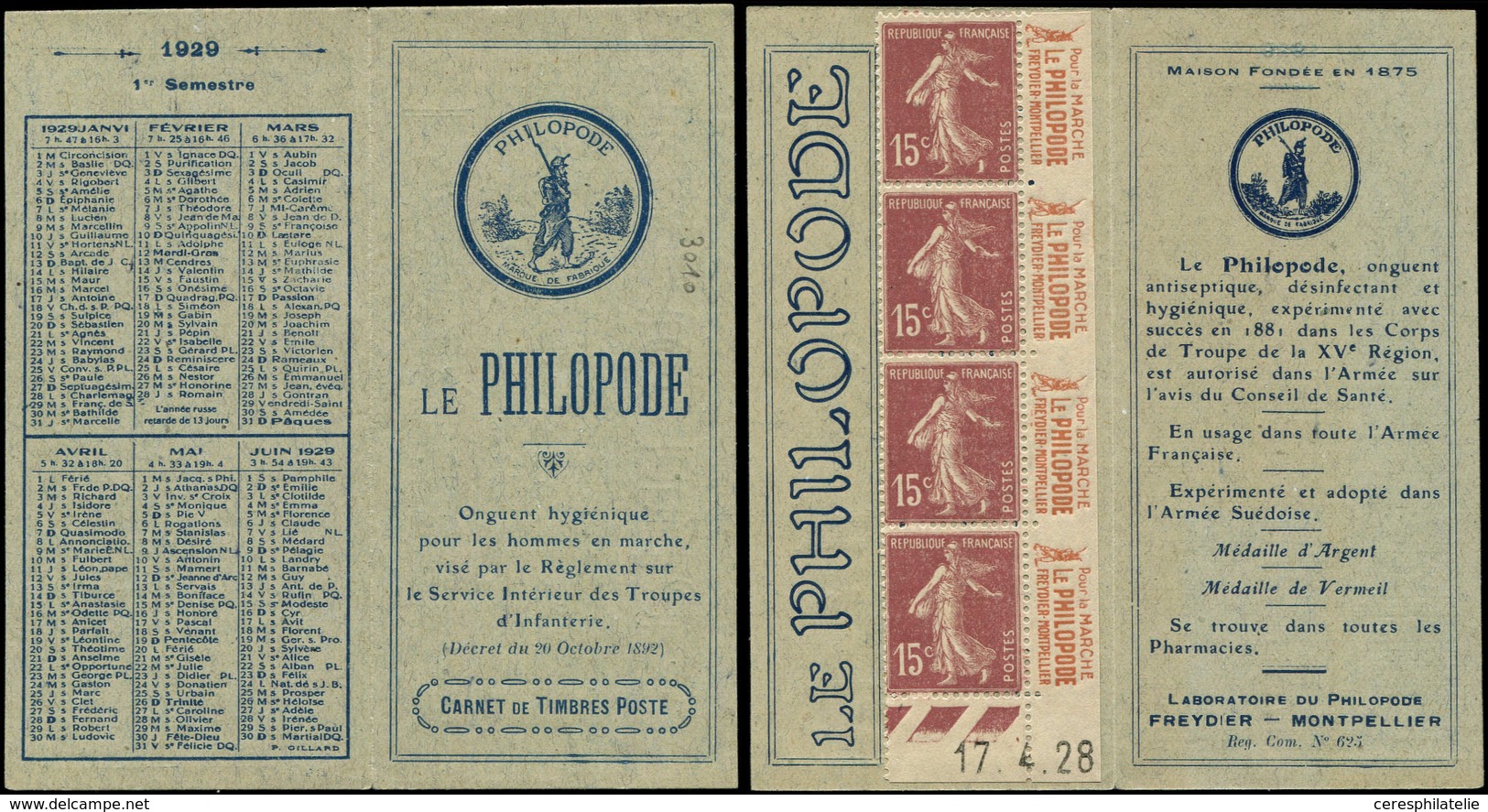 CARNETS Privées - Carnets Privés P17b : Semeuse Camée, 15c. Brun-lilas, N°189, LE PHILOPODE 1875 1er Semestre 1929, TB - Other & Unclassified