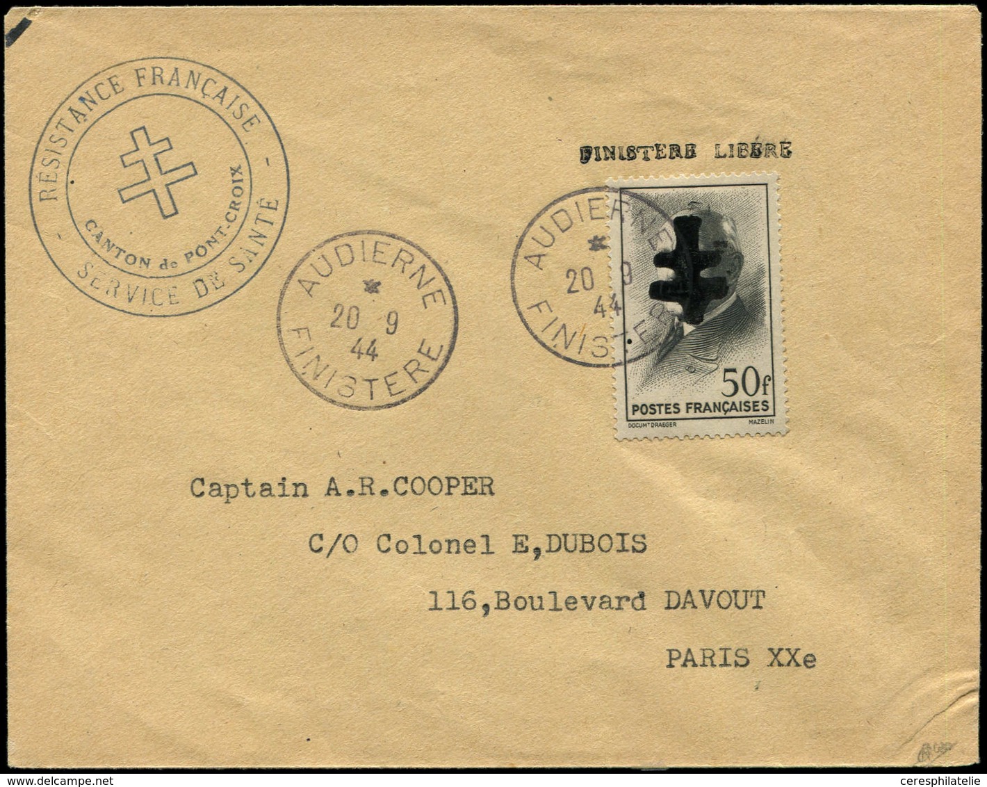 Let TIMBRES DE LIBERATION - AUDIERNE 23 : 50f. Noir, Obl. Audierne 20/9/44 Sur Env., TB. C - Liberation