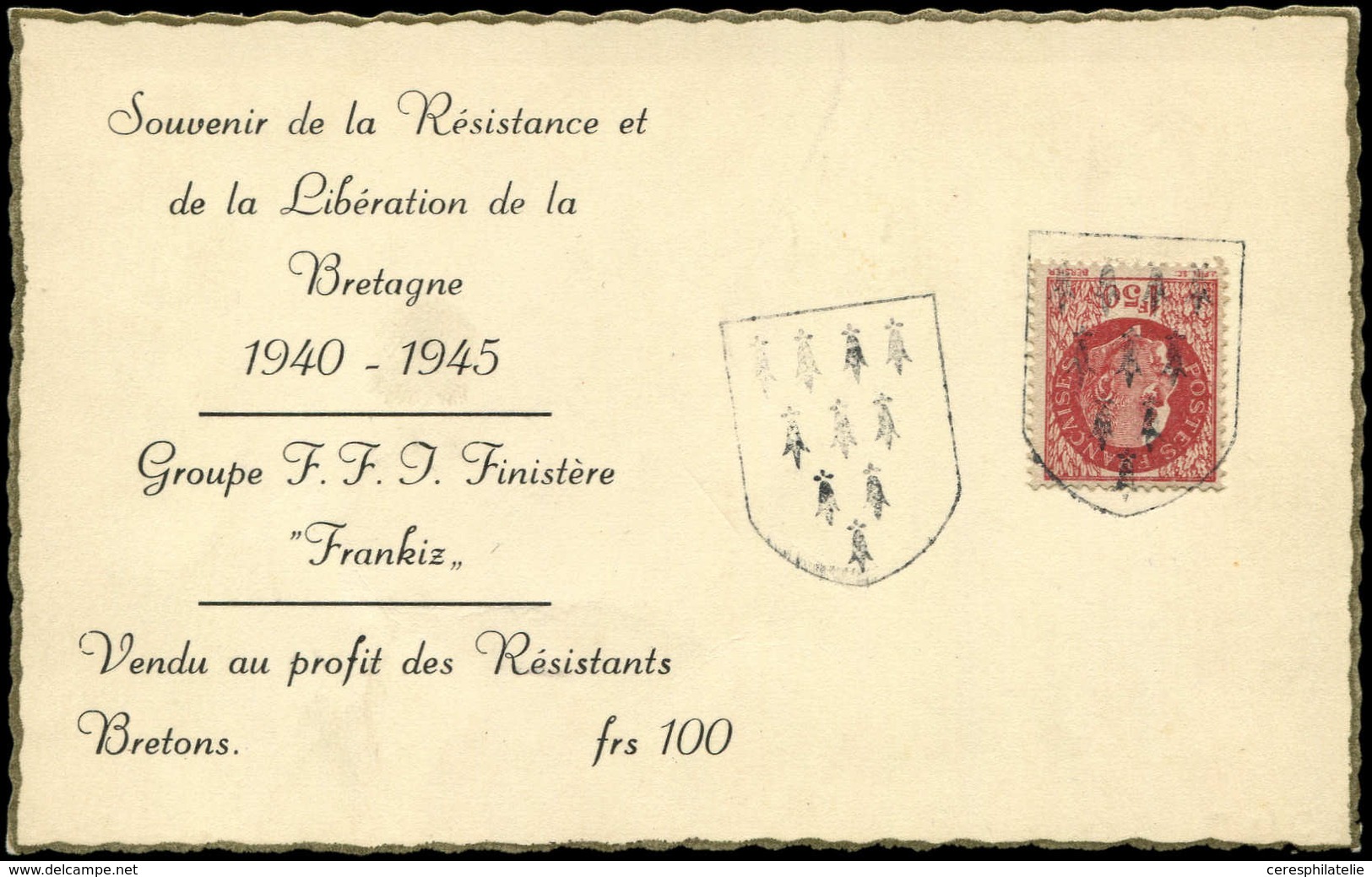 Let TIMBRES DE LIBERATION - BRETAGNE GROUPE FFI 2 : 1f50 Brun-rouge Obl. Sur Carte, TB - Liberation