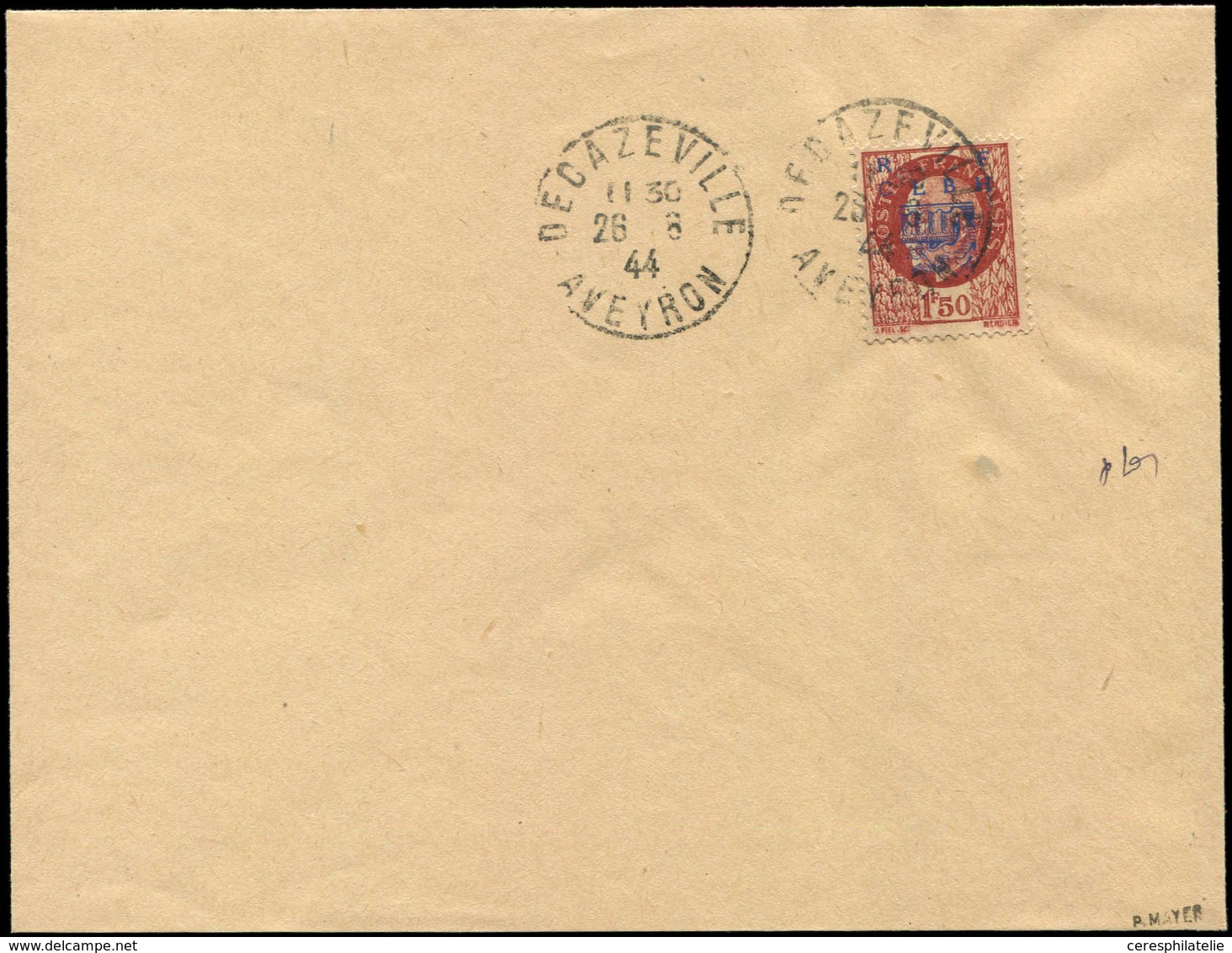 Let TIMBRES DE LIBERATION - DECAZEVILLE 6 : 1f50 Brun-rouge T II Obl. 26/8/44 Sur Env., TB, Signé Mayer - Liberación