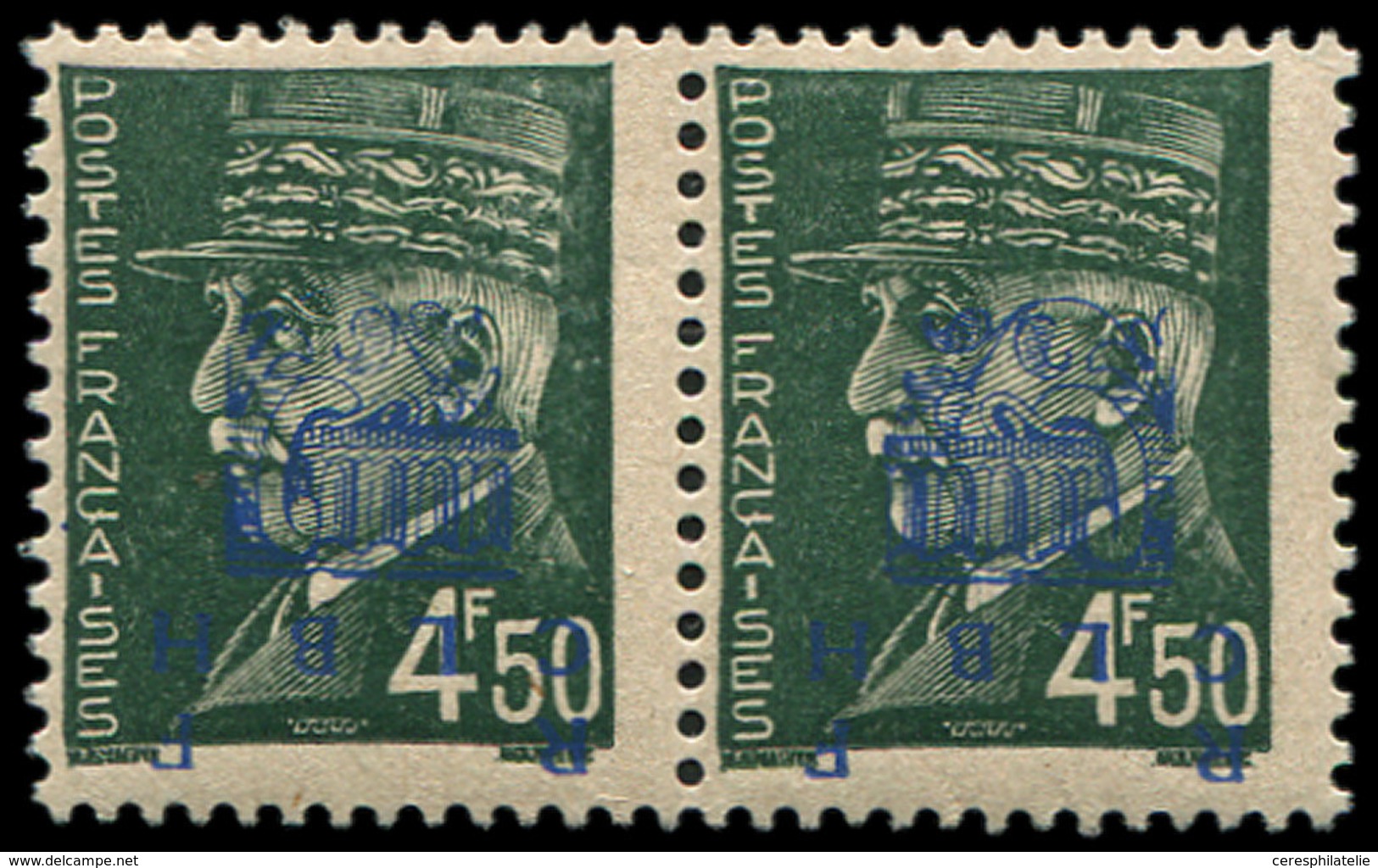 ** TIMBRES DE LIBERATION - DECAZEVILLE 10 : 4f50 Vert, PAIRE T I + T II, Surcharges RENVERSEES, TB - Liberación