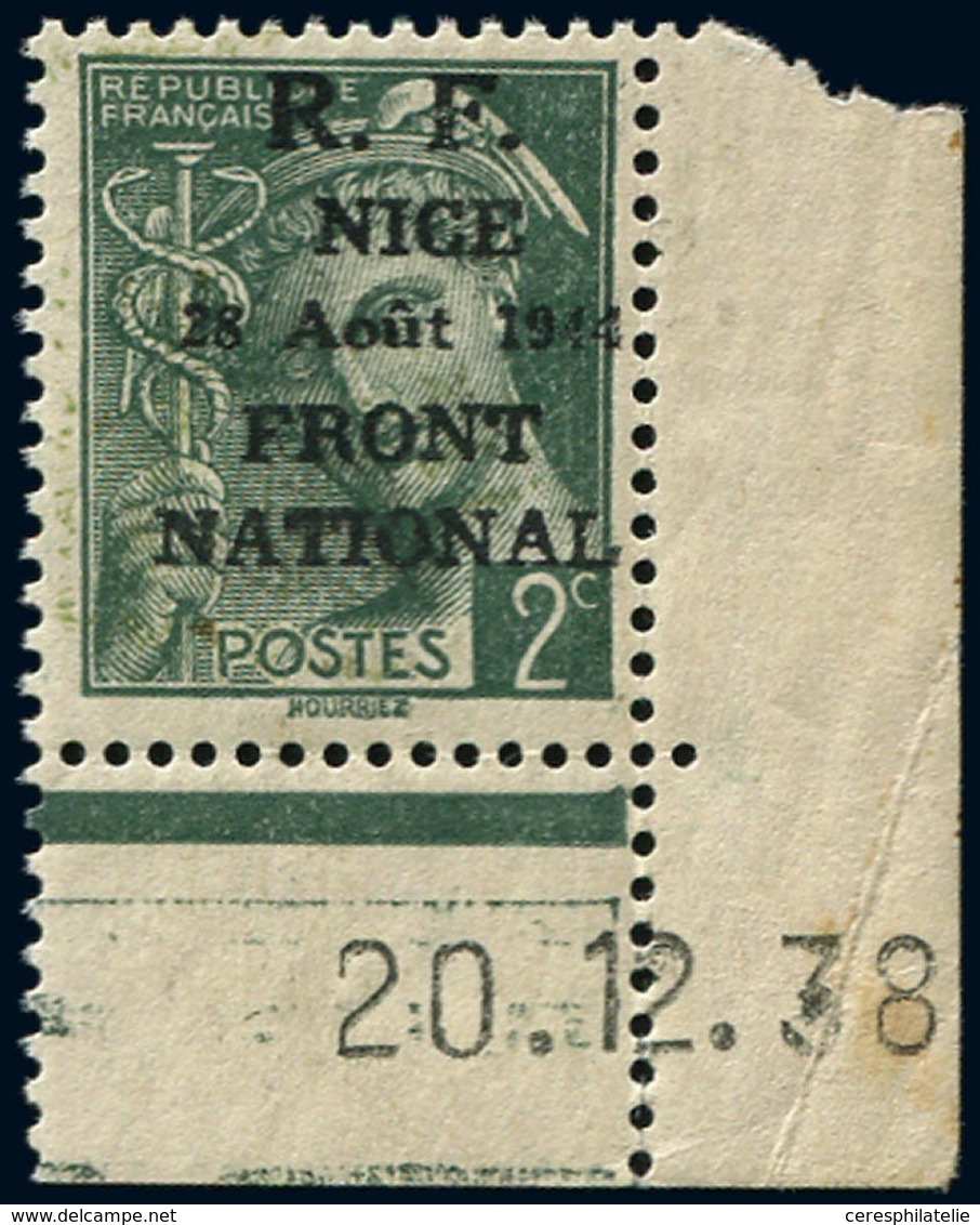 ** TIMBRES DE LIBERATION - NICE 8 : 2c. Vert, NON EMIS, Cdf Daté 20/12/38, TB, Signé Mayer - Liberación