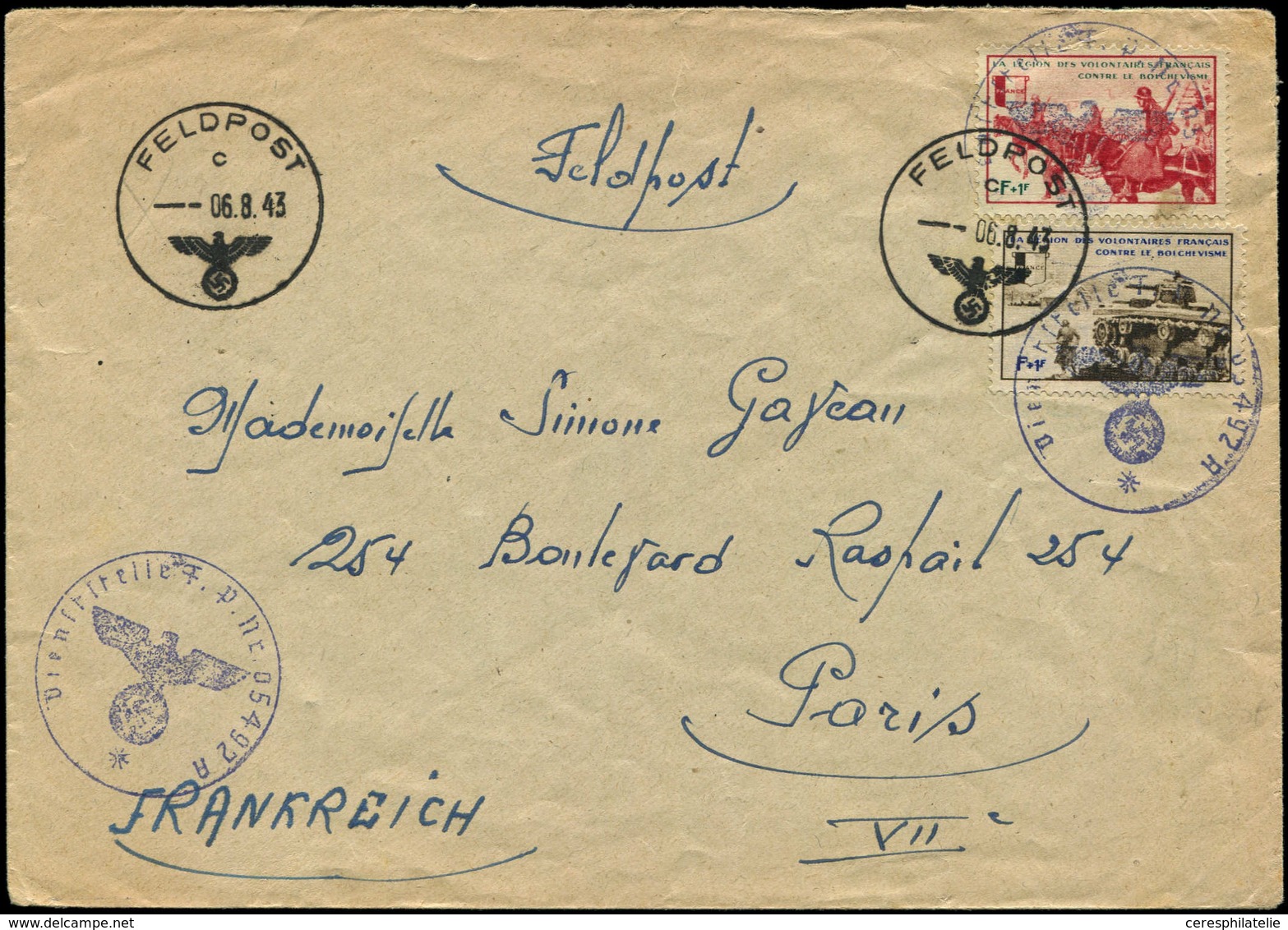 Let Spécialités Diverses - L.V.F. 8 Et 10 Obl. FELDPOST 6/8/43 Sur Env., Cachet Dienststelle F.P. NR 05492A, TB - War Stamps