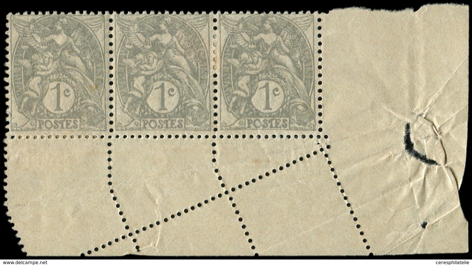 * VARIETES - 107   Blanc,  1c. Gris, BANDE De 3 Cdf Avec Variété De PIQUAGE, TB - Unused Stamps