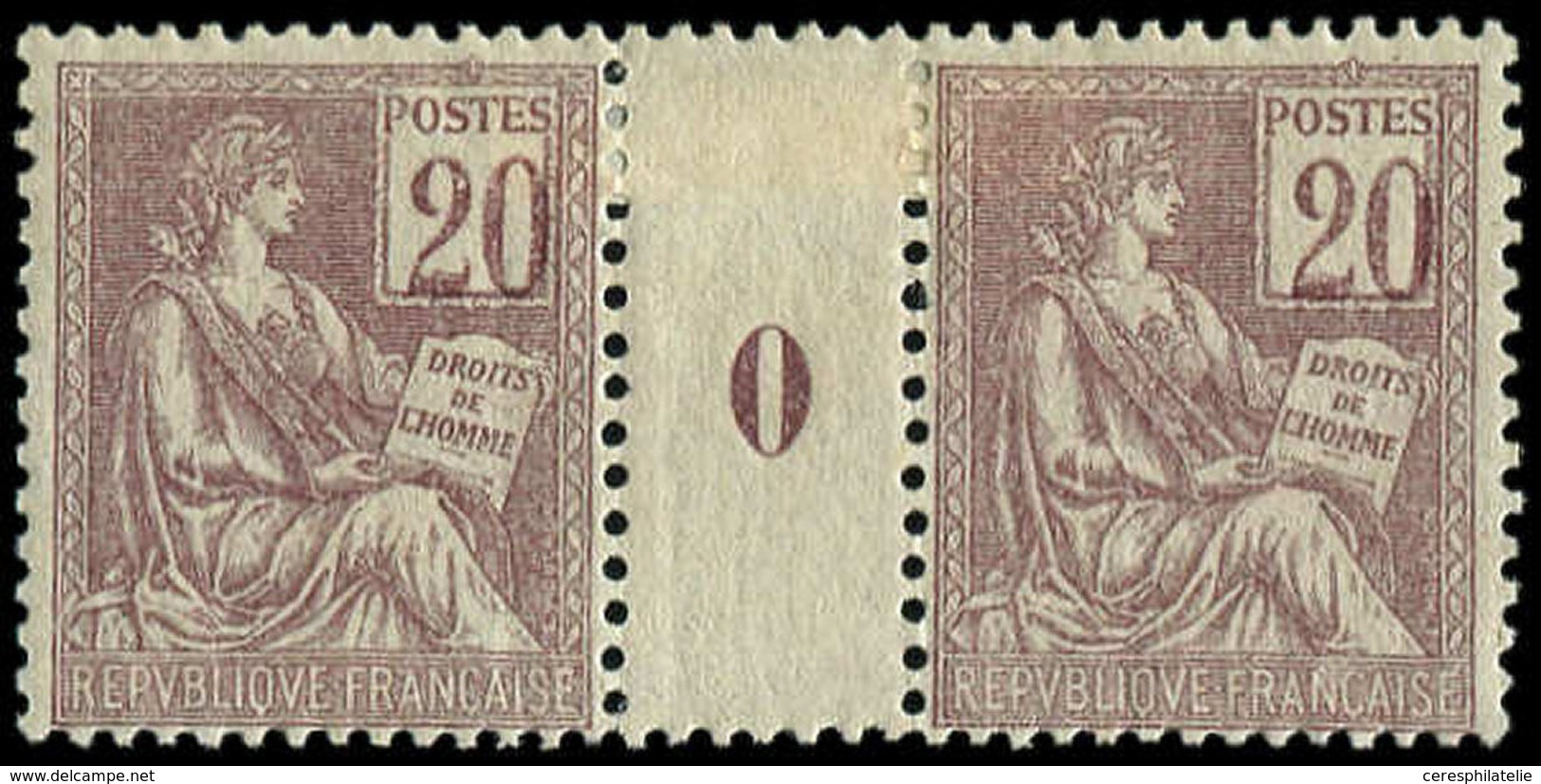 * VARIETES - 113   Mouchon, 20c. Brun-lilas, CHIFFRES TOUCHANT Le Cadre, PAIRE Mill.0, Ch. Un Peu Forte, TB - Unused Stamps