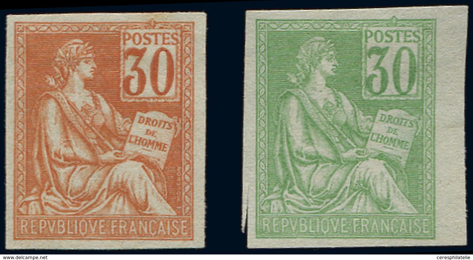 (*) VARIETES - 115   Mouchon, 30c., 2 Essais De Couleur NON DENTELES Différents, TB - Unused Stamps