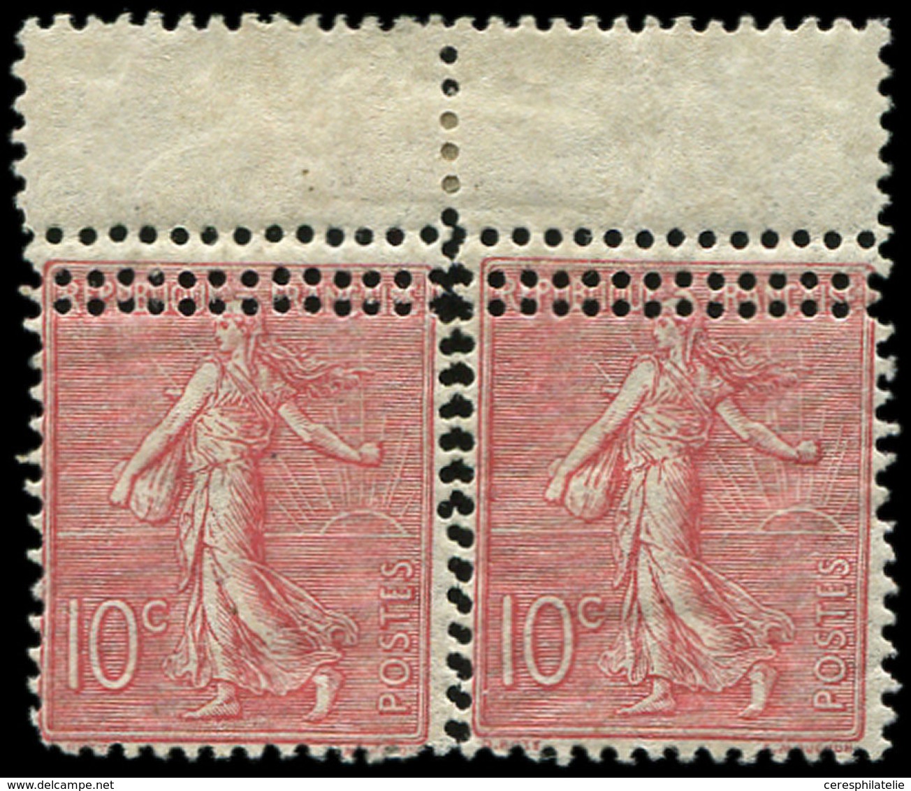 * VARIETES - 129   Semeuse Lignée, 10c. Rose, PAIRE Avec Spectaculaire TRIPLE PIQUAGE, Gomme Altérée Mais TB - Unused Stamps