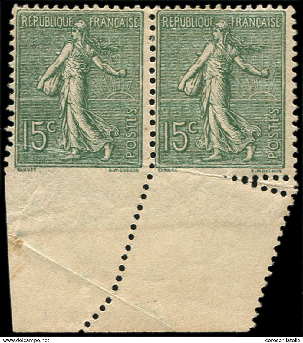 * VARIETES - 130   Semeuse Lignée, 15c. Vert Gris, PAIRE Avec PIQUAGE Oblique Donnant Dentelé 3 COTES S. 1 Ex., TB - Unused Stamps