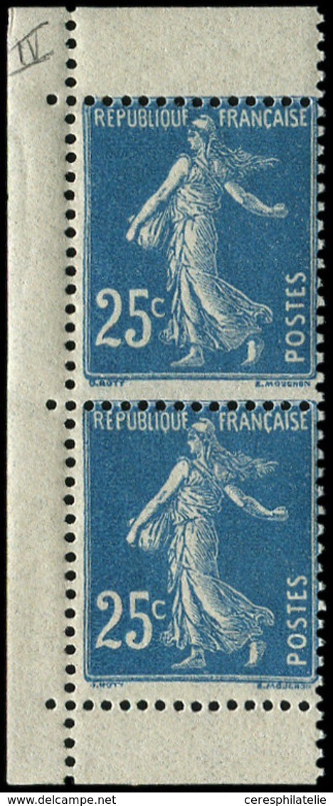 ** VARIETES - 140m  Semeuse Camée, 25c. Bleu, T IV, PAIRE Verticale De Carnet, TB - Unused Stamps