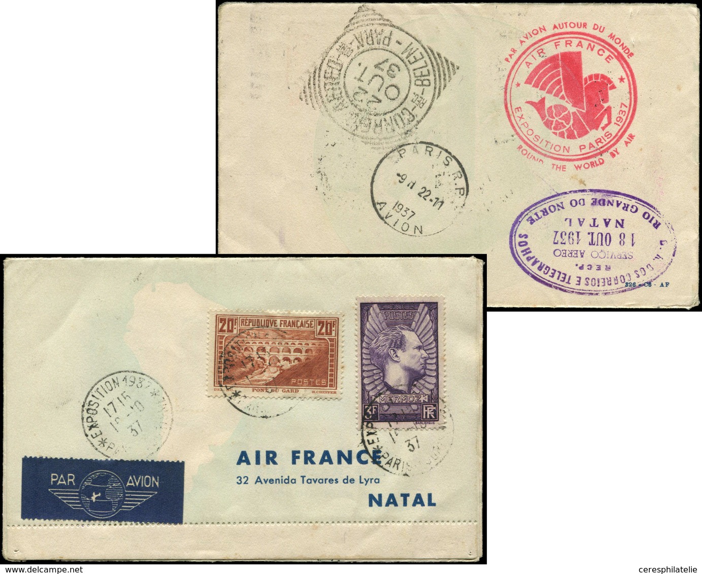 Let LETTRES DU XXe SIECLE - N°262 Et 338 Obl. 19/10/37 S. Env. Tour Du Monde Air France, TB - Covers & Documents