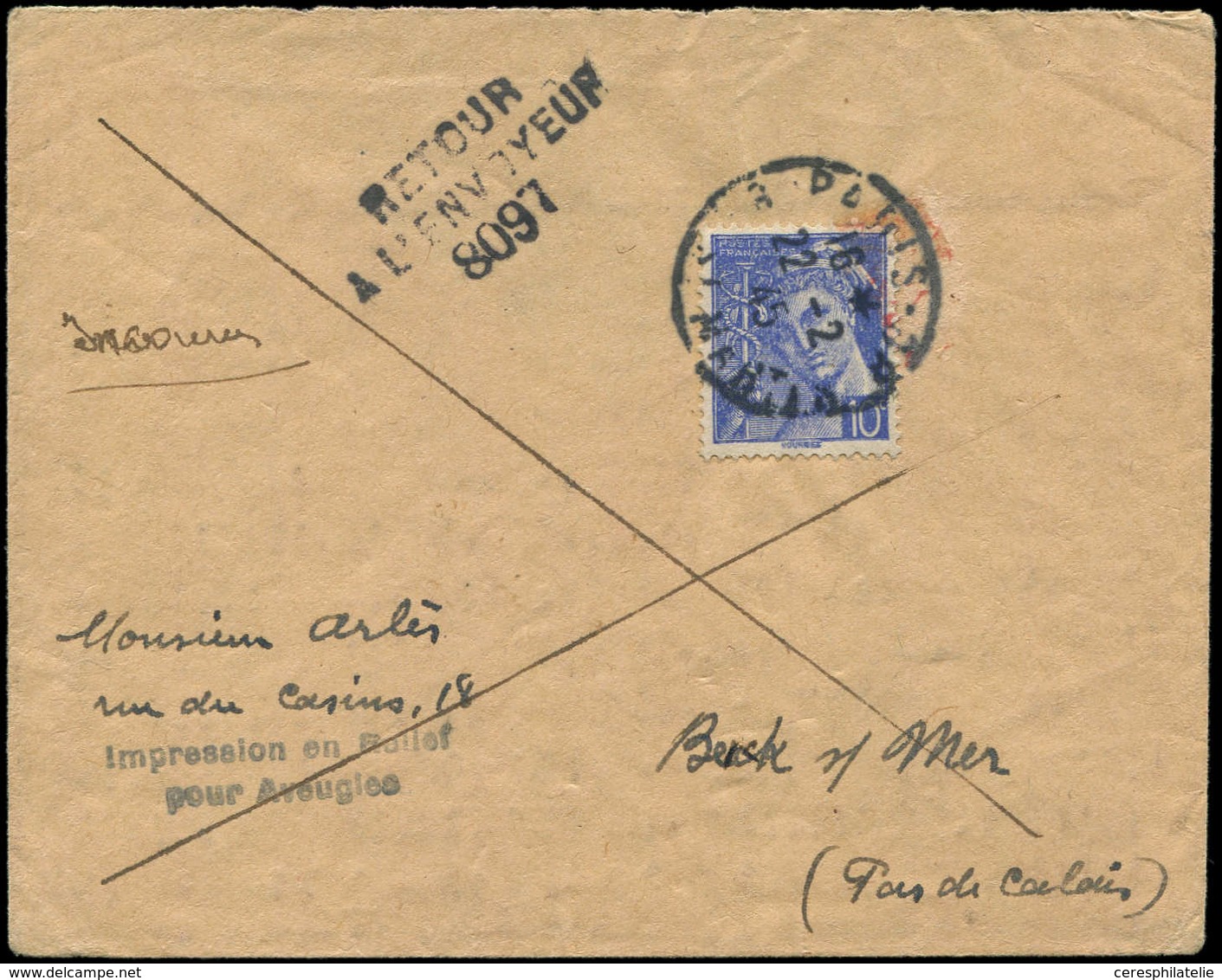 Let LETTRES DU XXe SIECLE - N°546 Obl. PARIS 22/2/45 S. Env., Mention "Impression En Relief/pour Aveugles", Tarif Rare,  - Covers & Documents