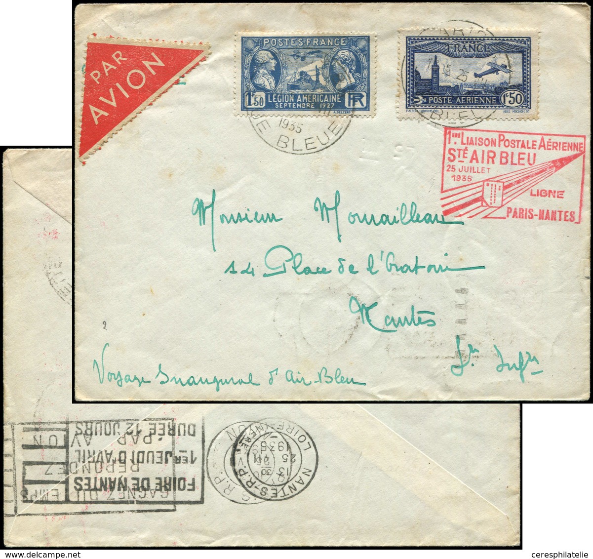 Let Air Bleu - N°245 Et PA 6 Obl. Càd PARIS 25/7/35 S. Env., Cachet  PARIS-NANTES, TB - First Flight Covers