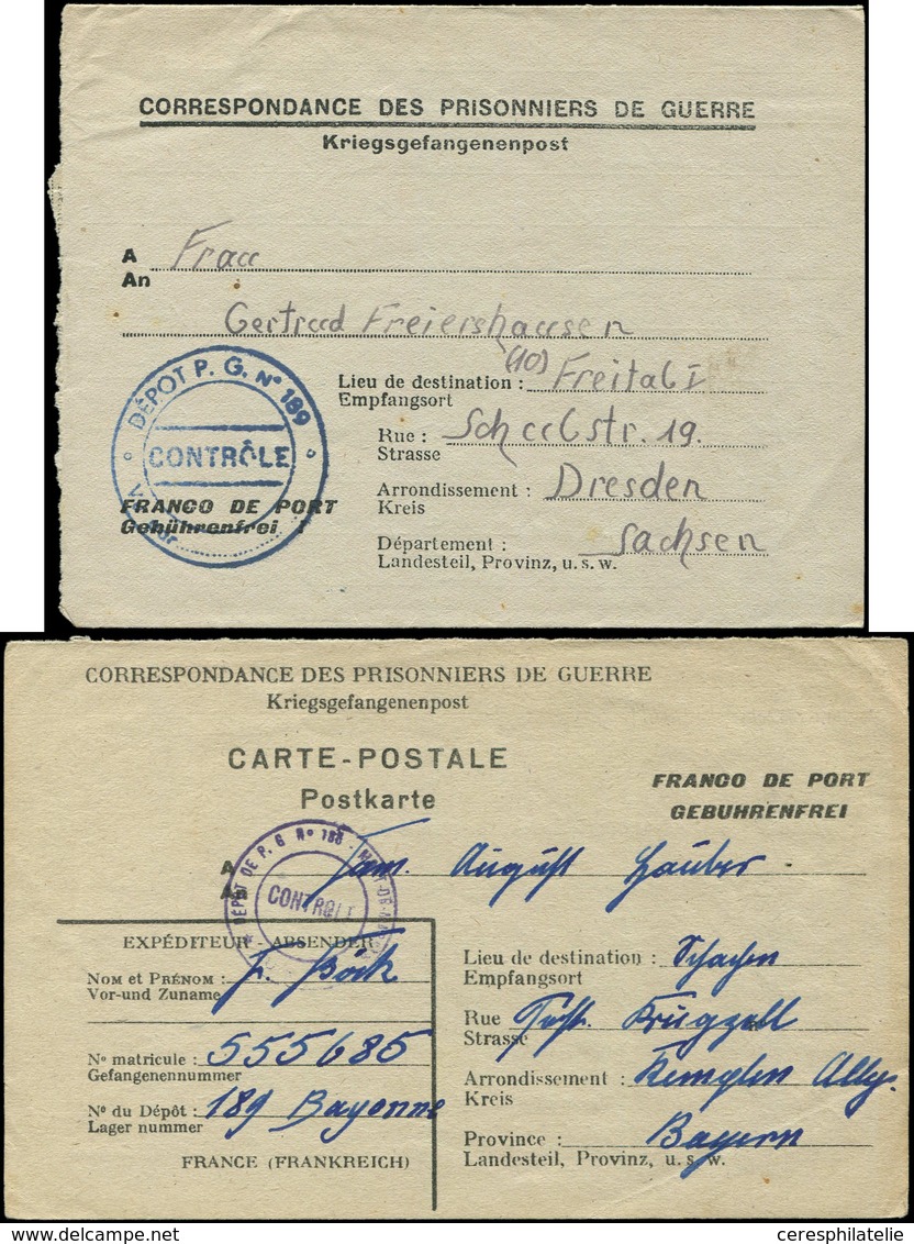 Let Guerre 1939/1945 - Prisonniers Allemands En France, 2 Formules Avec Censures Différentes Du Camp N°189 (Bayonne), TB - WW II