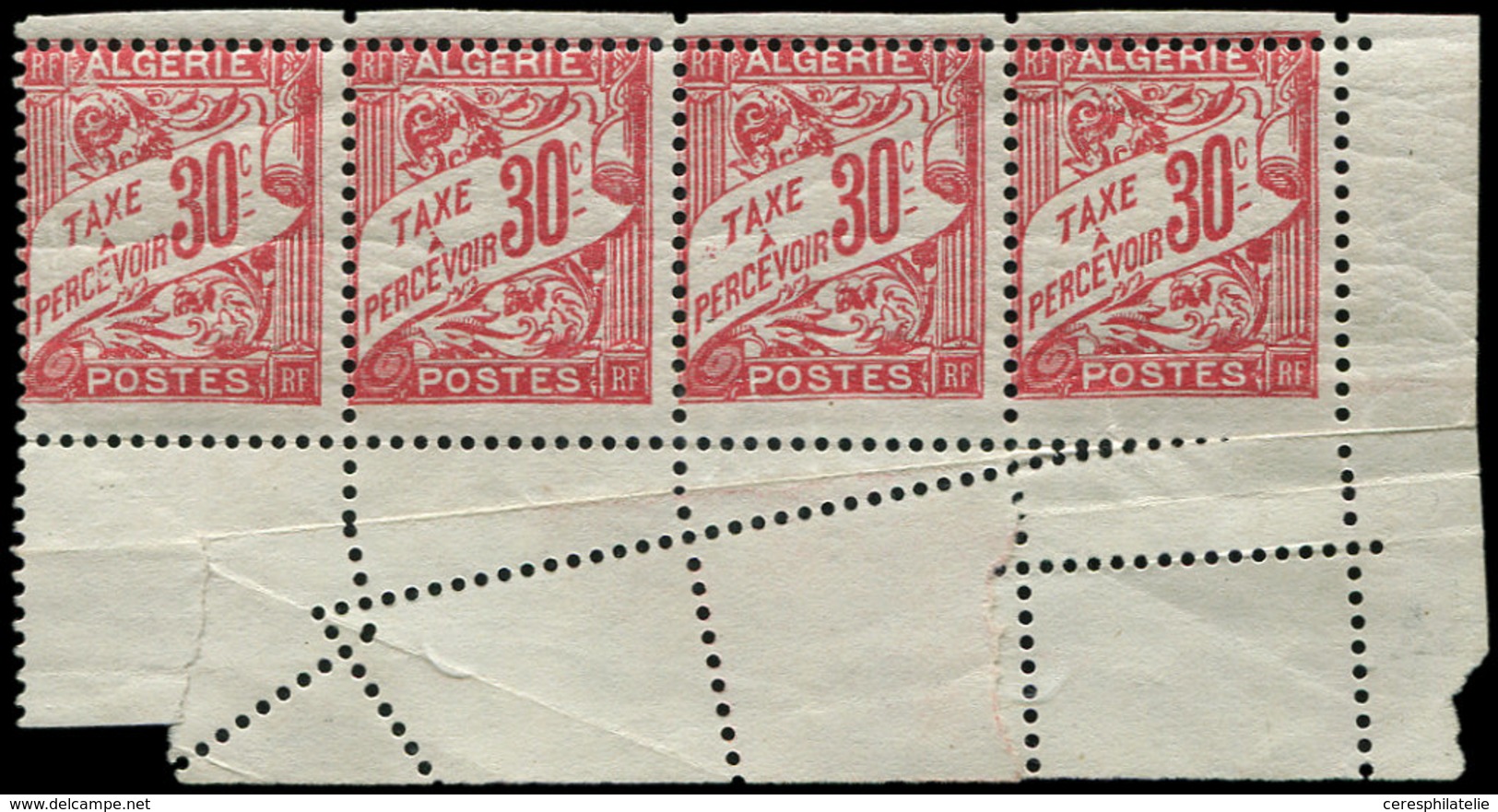 * ALGERIE Taxe 5 : Duval, 30c. Rouge, BANDE De 4 Coin De Feuille Avec Variété De PIQUAGE (un T. Petit Aminci) - Postage Due