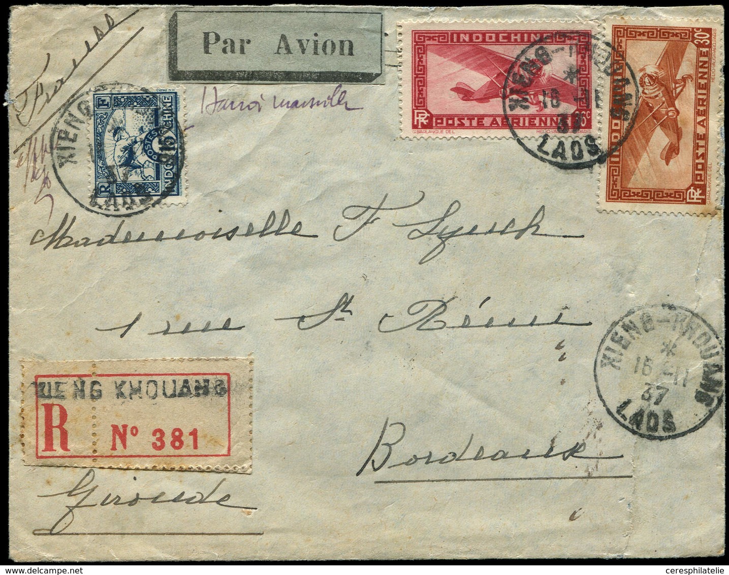 Let INDOCHINE 162A Et PA 7 Et 8 Obl. Càd XIENG-KHOUANG LAOS 16/11/37 S. Env., TB - Other & Unclassified