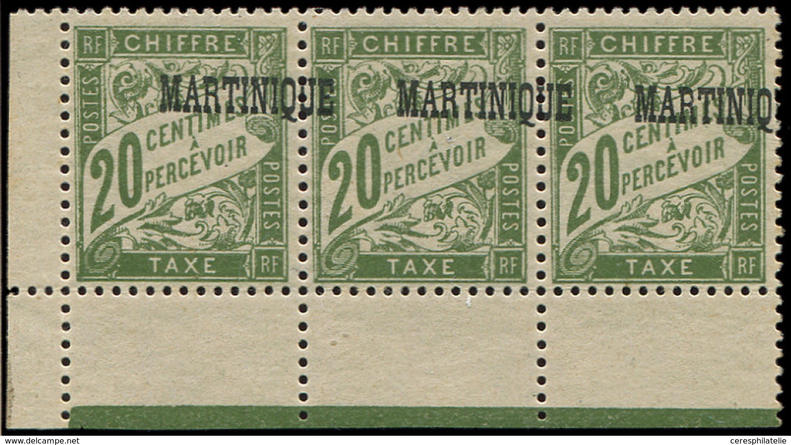 ** MARTINIQUE Taxe 3 : 20c. Olive, BANDE De 3 Cdf Avec Surch. A CHEVAL, TTB - Other & Unclassified